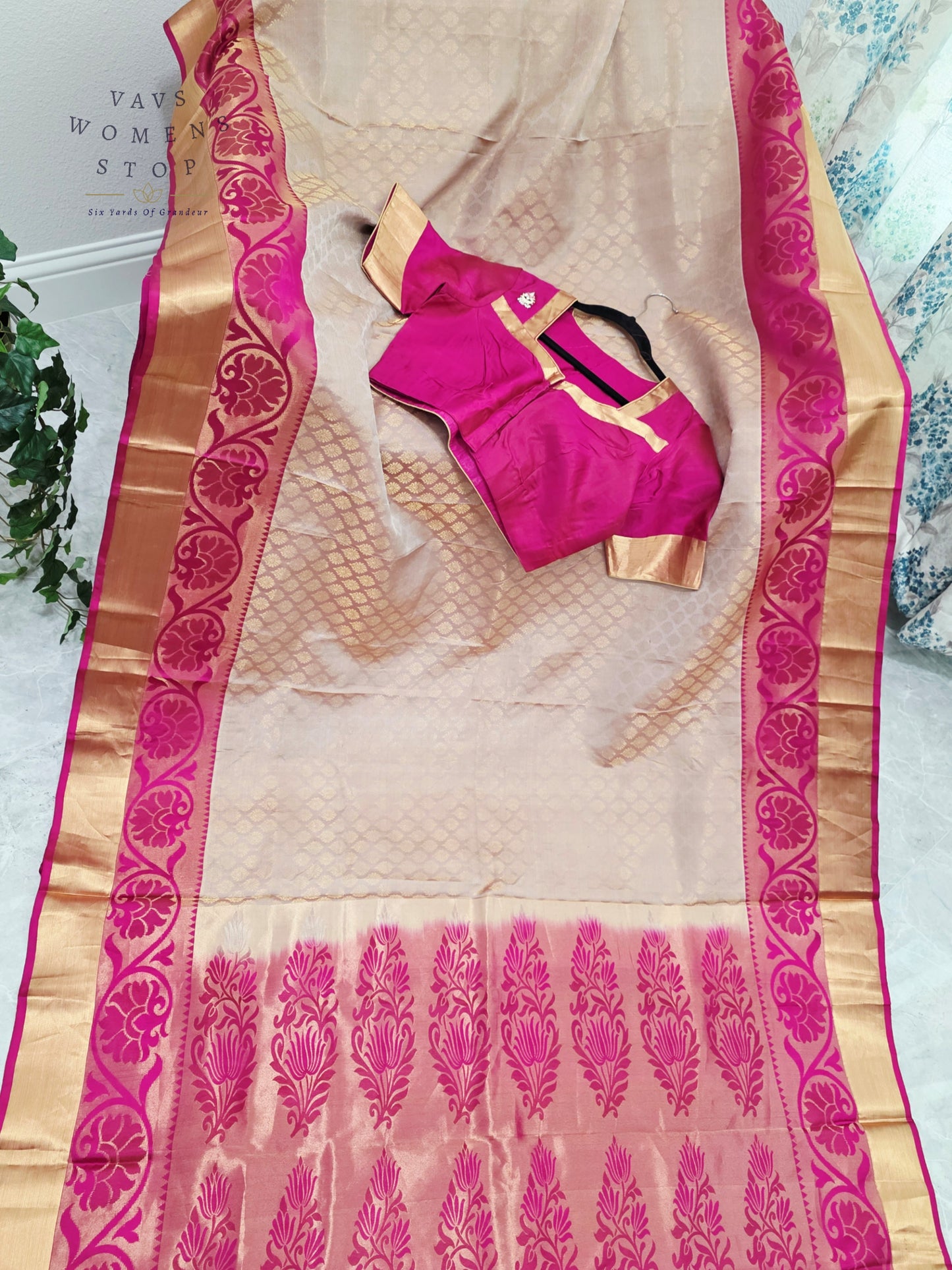 Regal Champagne Gold Pure Kanchi Handloom Double Warp Soft Silk Saree with Rani Pink Zari Border & Stitched Blouse