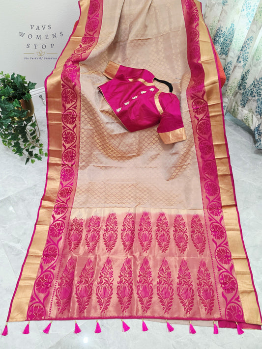 Regal Champagne Gold Pure Kanchi Handloom Double Warp Soft Silk Saree with Rani Pink Zari Border & Stitched Blouse