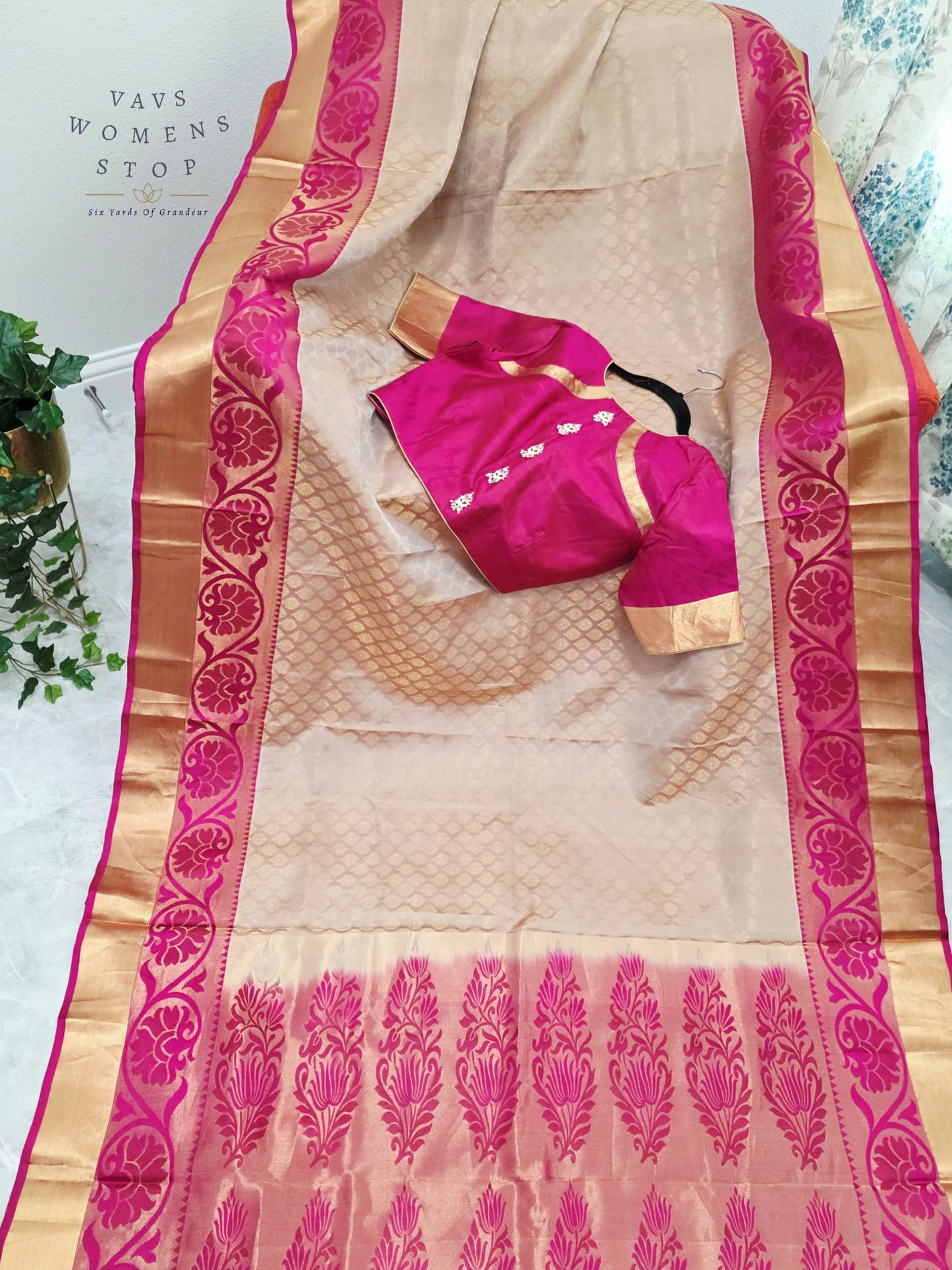 Regal Champagne Gold Pure Kanchi Handloom Double Warp Soft Silk Saree with Rani Pink Zari Border & Stitched Blouse