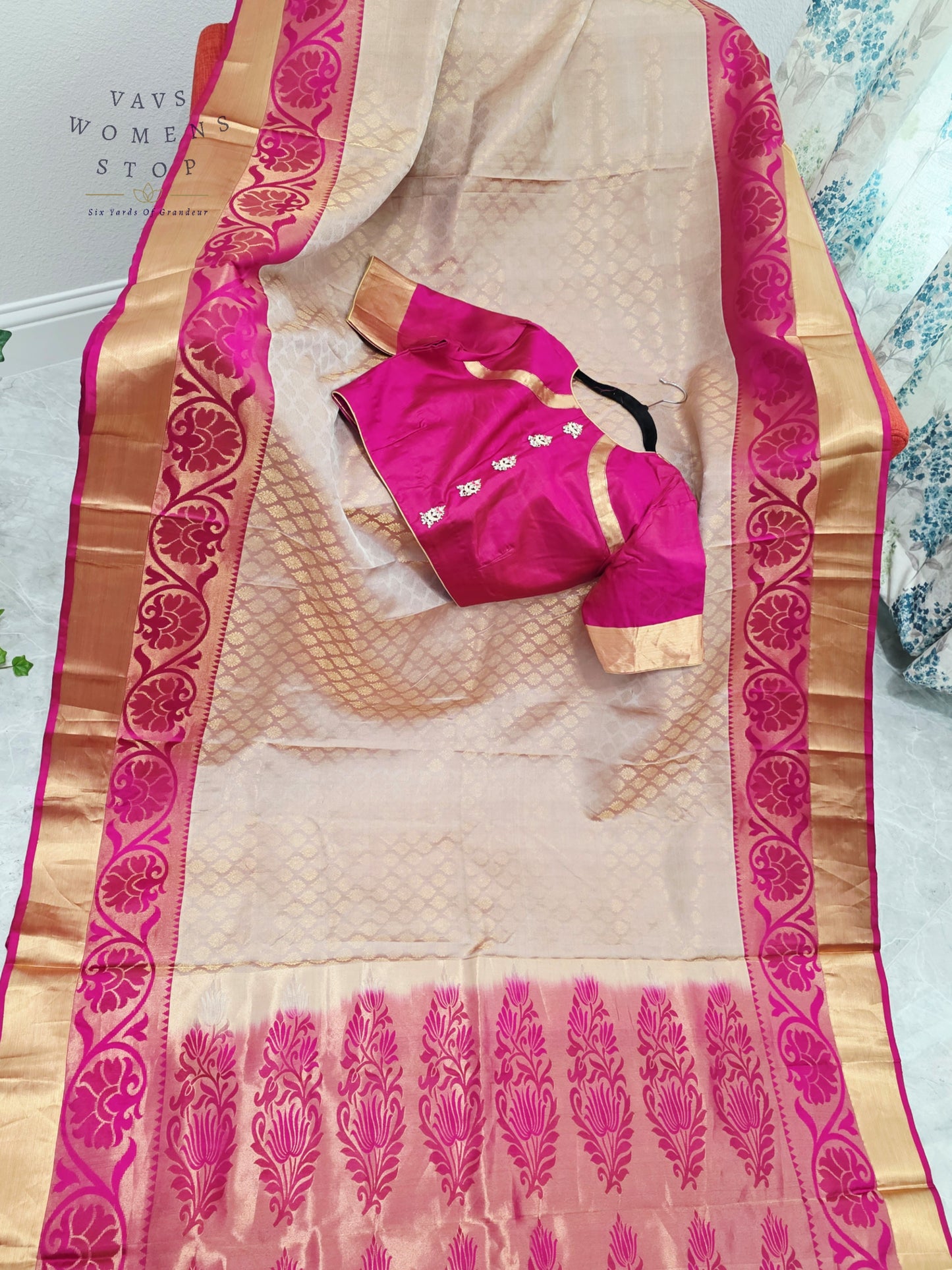 Regal Champagne Gold Pure Kanchi Handloom Double Warp Soft Silk Saree with Rani Pink Zari Border & Stitched Blouse