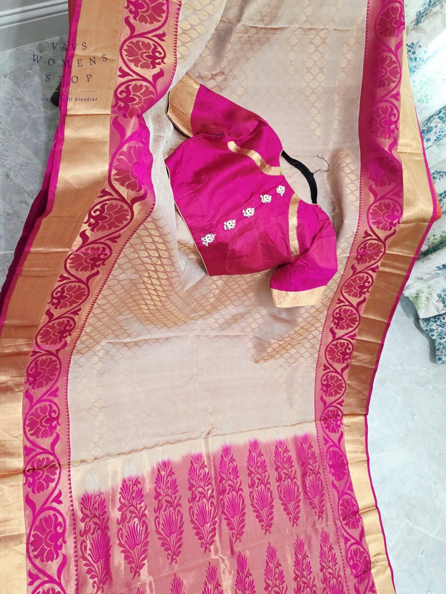Regal Champagne Gold Pure Kanchi Handloom Double Warp Soft Silk Saree with Rani Pink Zari Border & Stitched Blouse