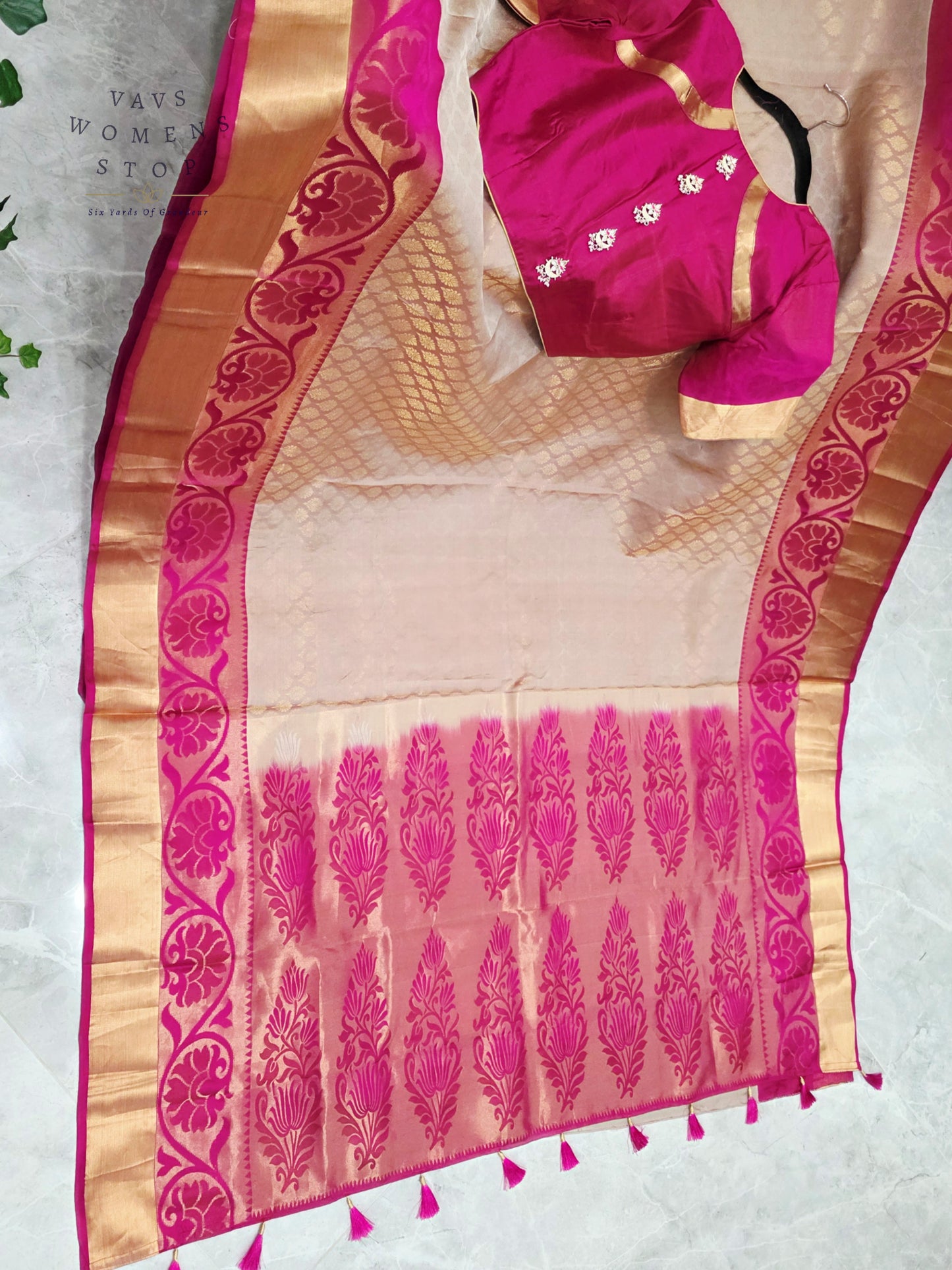 Regal Champagne Gold Pure Kanchi Handloom Double Warp Soft Silk Saree with Rani Pink Zari Border & Stitched Blouse