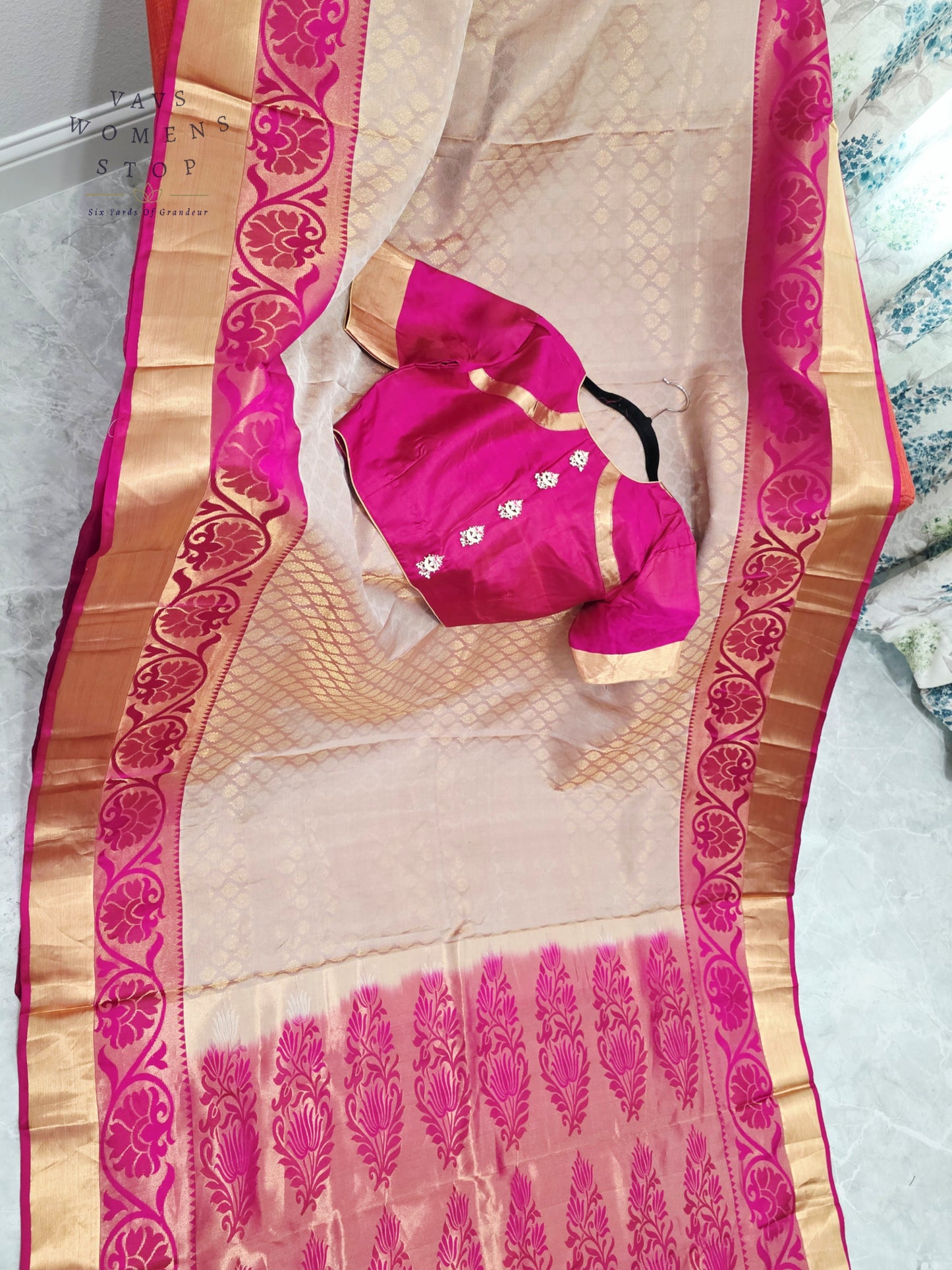 Regal Champagne Gold Pure Kanchi Handloom Double Warp Soft Silk Saree with Rani Pink Zari Border & Stitched Blouse