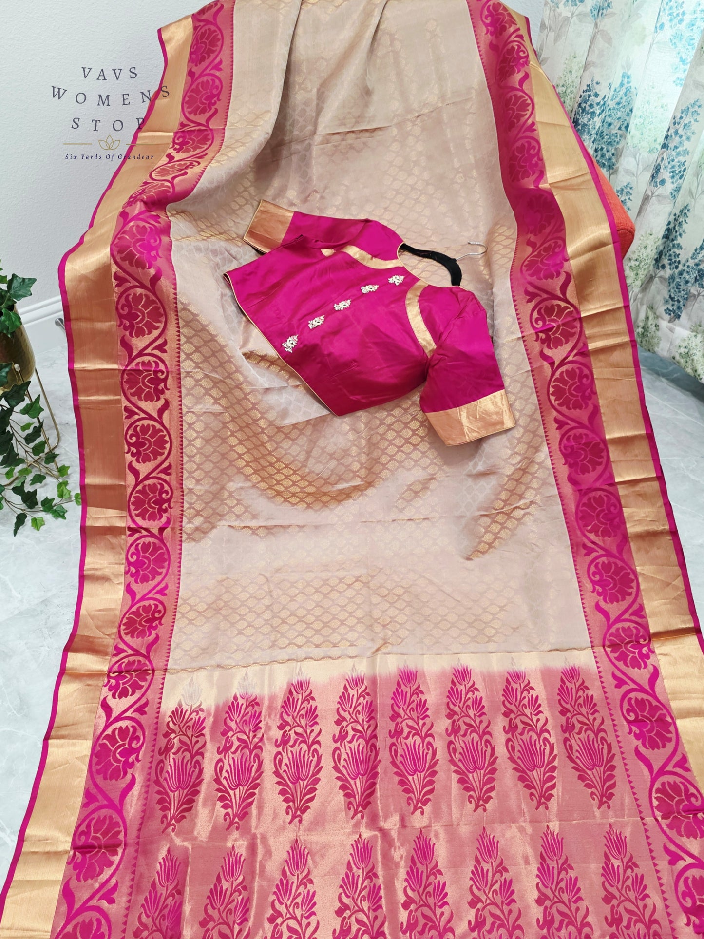 Regal Champagne Gold Pure Kanchi Handloom Double Warp Soft Silk Saree with Rani Pink Zari Border & Stitched Blouse
