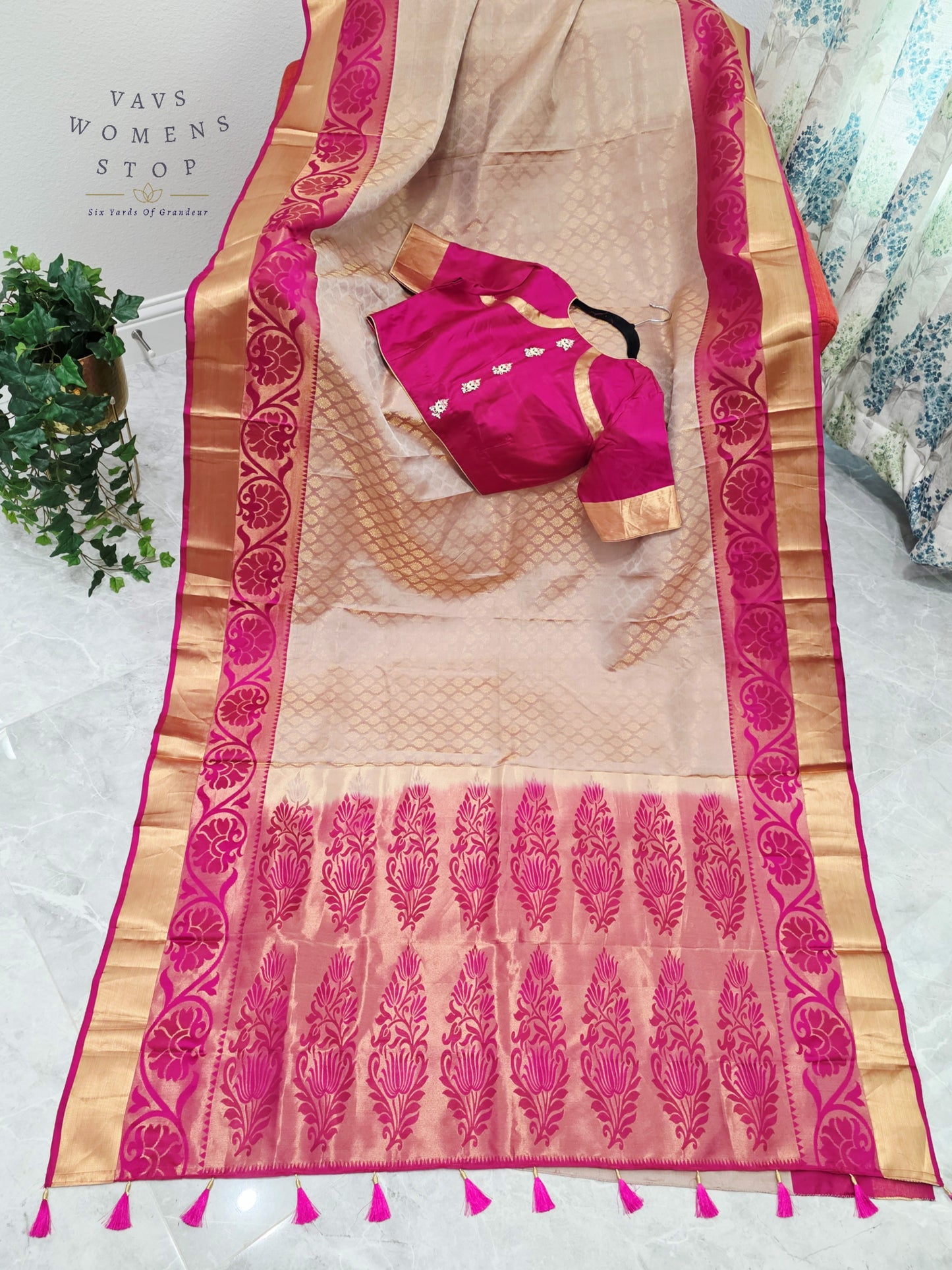 Regal Champagne Gold Pure Kanchi Handloom Double Warp Soft Silk Saree with Rani Pink Zari Border & Stitched Blouse
