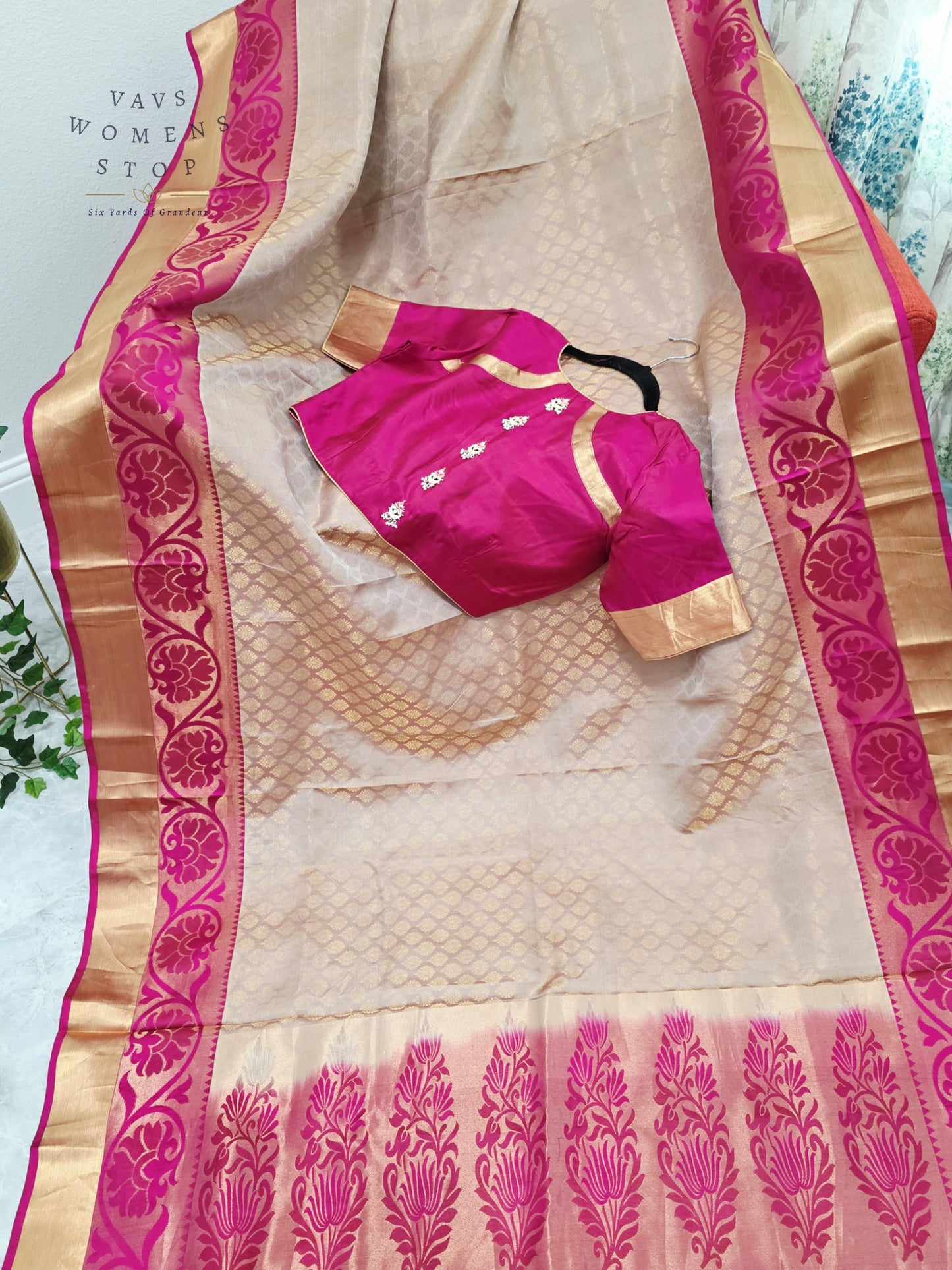 Regal Champagne Gold Pure Kanchi Handloom Double Warp Soft Silk Saree with Rani Pink Zari Border & Stitched Blouse