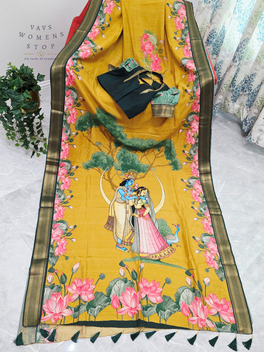 Royal Mustard Gold Semi Dola Silk Saree with Radha Krishna Pallu & Lotus Border | Puff Sleeve Blouse