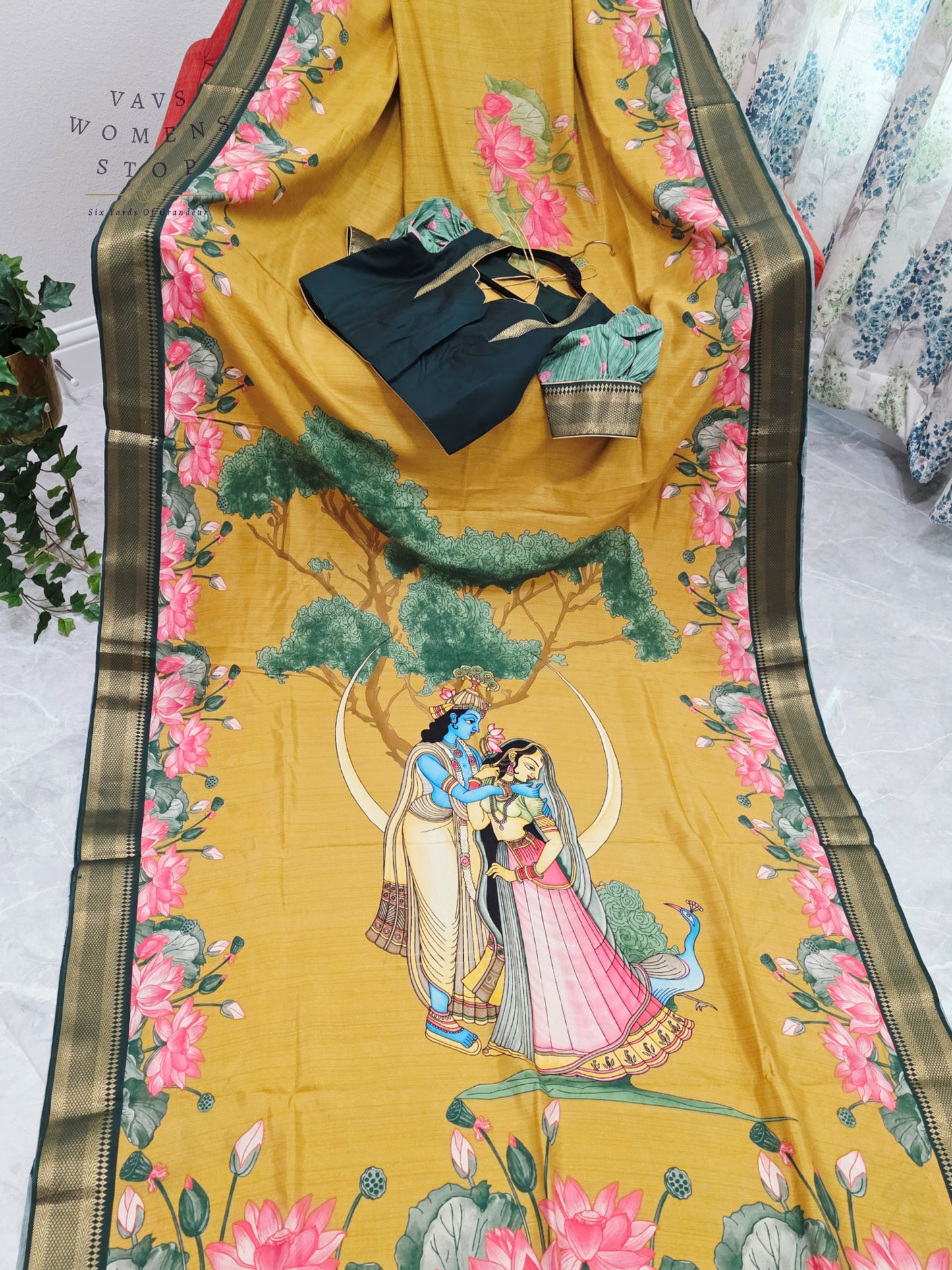 Royal Mustard Gold Semi Dola Silk Saree with Radha Krishna Pallu & Lotus Border | Puff Sleeve Blouse