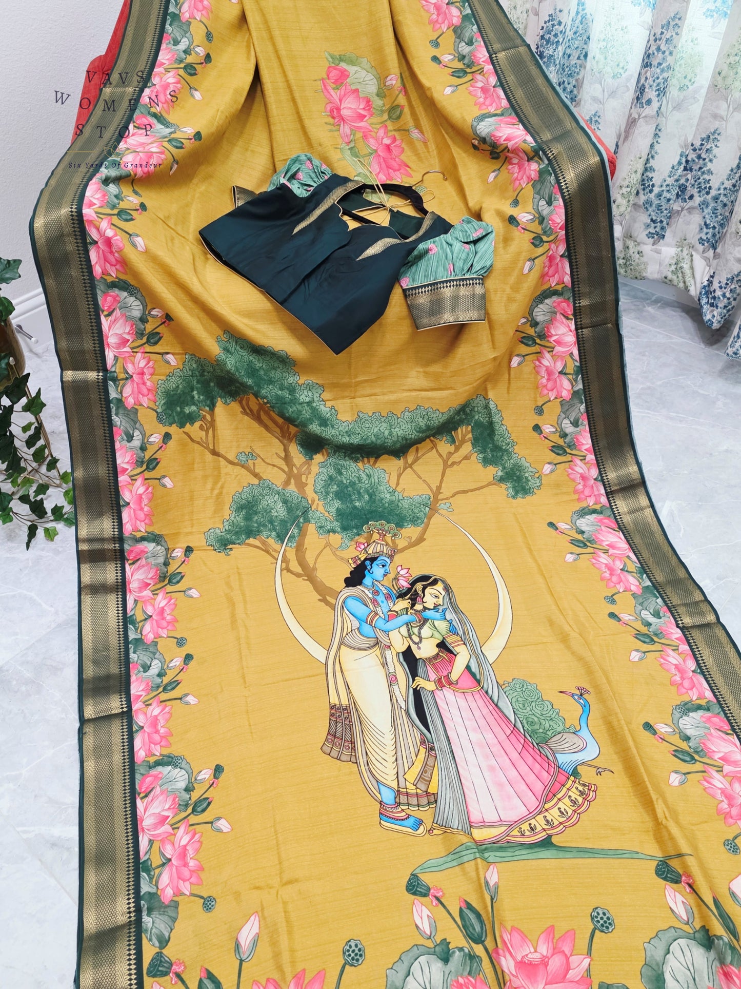 Royal Mustard Gold Semi Dola Silk Saree with Radha Krishna Pallu & Lotus Border | Puff Sleeve Blouse