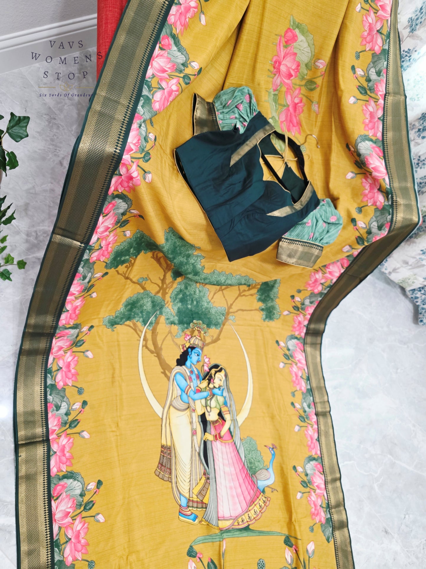 Royal Mustard Gold Semi Dola Silk Saree with Radha Krishna Pallu & Lotus Border | Puff Sleeve Blouse