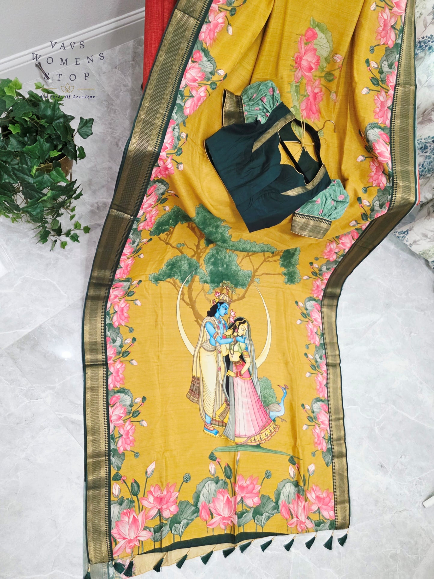 Royal Mustard Gold Semi Dola Silk Saree with Radha Krishna Pallu & Lotus Border | Puff Sleeve Blouse