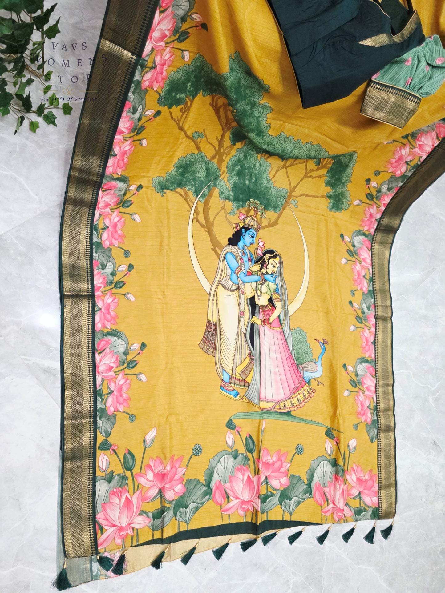 Royal Mustard Gold Semi Dola Silk Saree with Radha Krishna Pallu & Lotus Border | Puff Sleeve Blouse