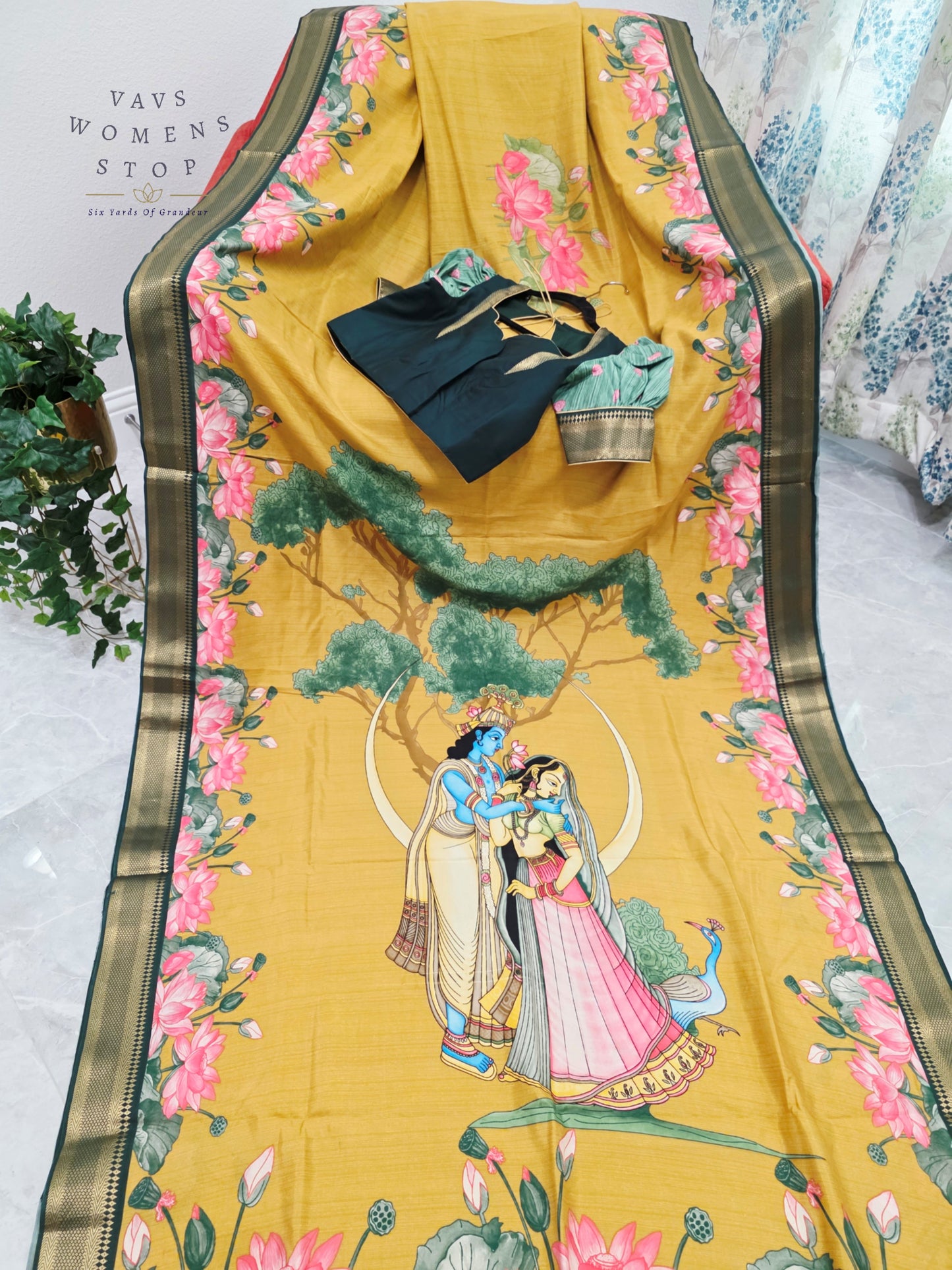 Royal Mustard Gold Semi Dola Silk Saree with Radha Krishna Pallu & Lotus Border | Puff Sleeve Blouse