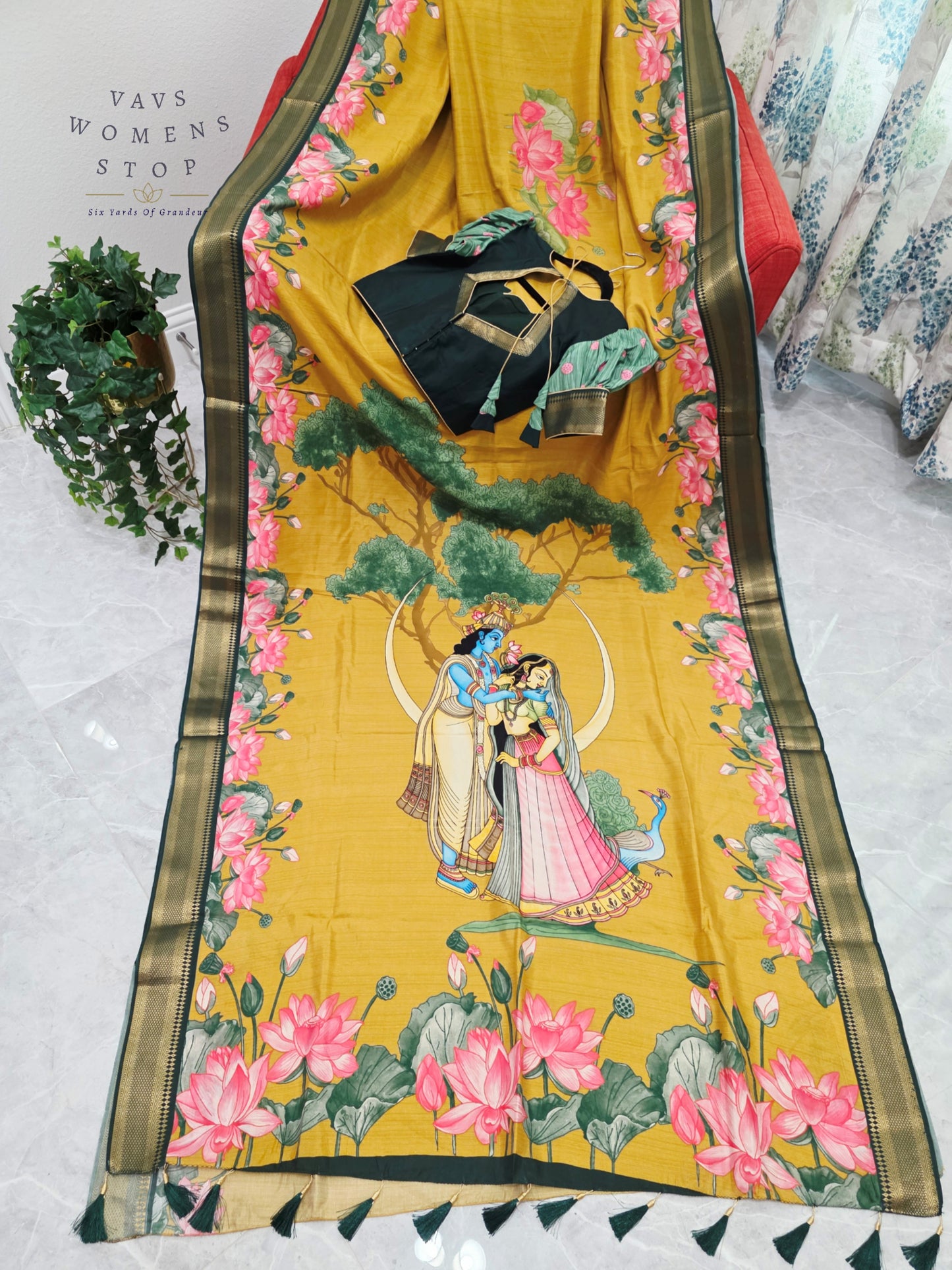 Royal Mustard Gold Semi Dola Silk Saree with Radha Krishna Pallu & Lotus Border | Puff Sleeve Blouse