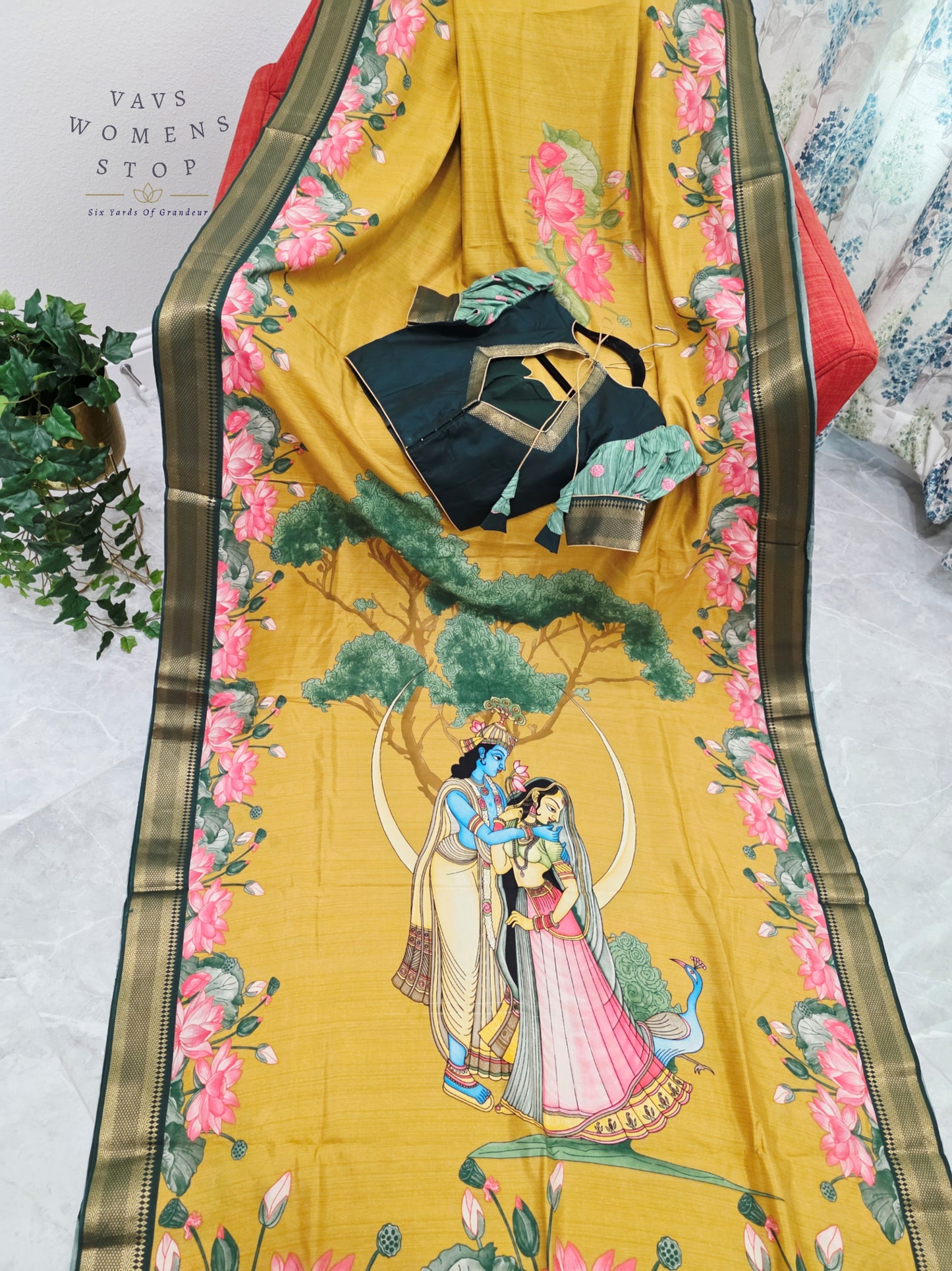 Royal Mustard Gold Semi Dola Silk Saree with Radha Krishna Pallu & Lotus Border | Puff Sleeve Blouse