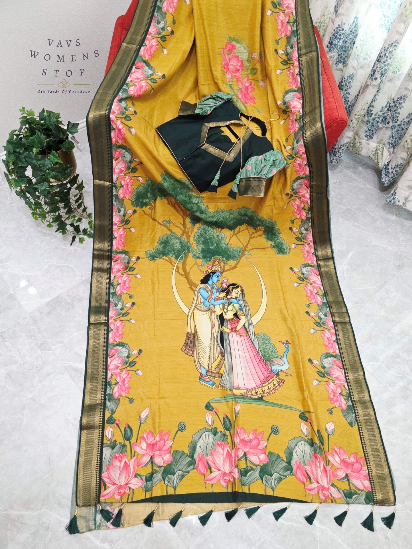 Royal Mustard Gold Semi Dola Silk Saree with Radha Krishna Pallu & Lotus Border | Puff Sleeve Blouse