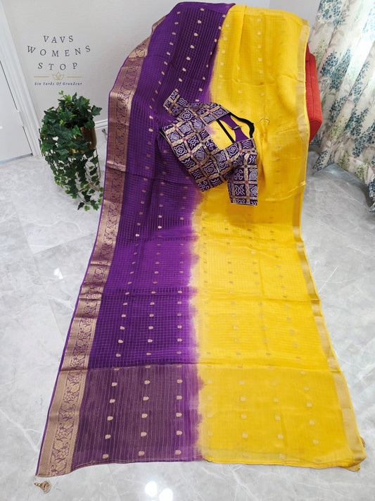 Royal Amethyst & Sunlit Marigold Munga Crepe Dola Silk Checks Saree with Designer Gharchola Checks Stitched Blouse