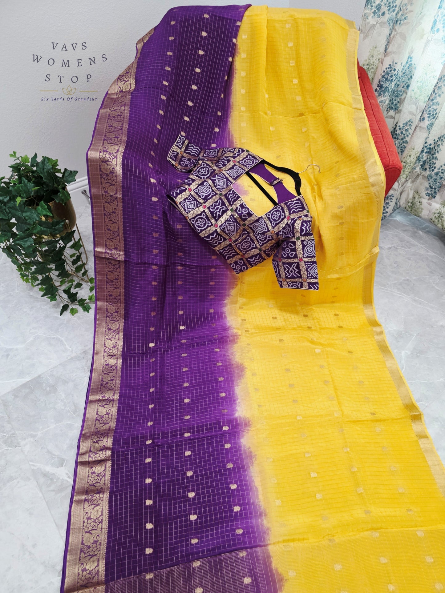 Royal Amethyst & Sunlit Marigold Munga Crepe Dola Silk Checks Saree with Designer Gharchola Checks Stitched Blouse