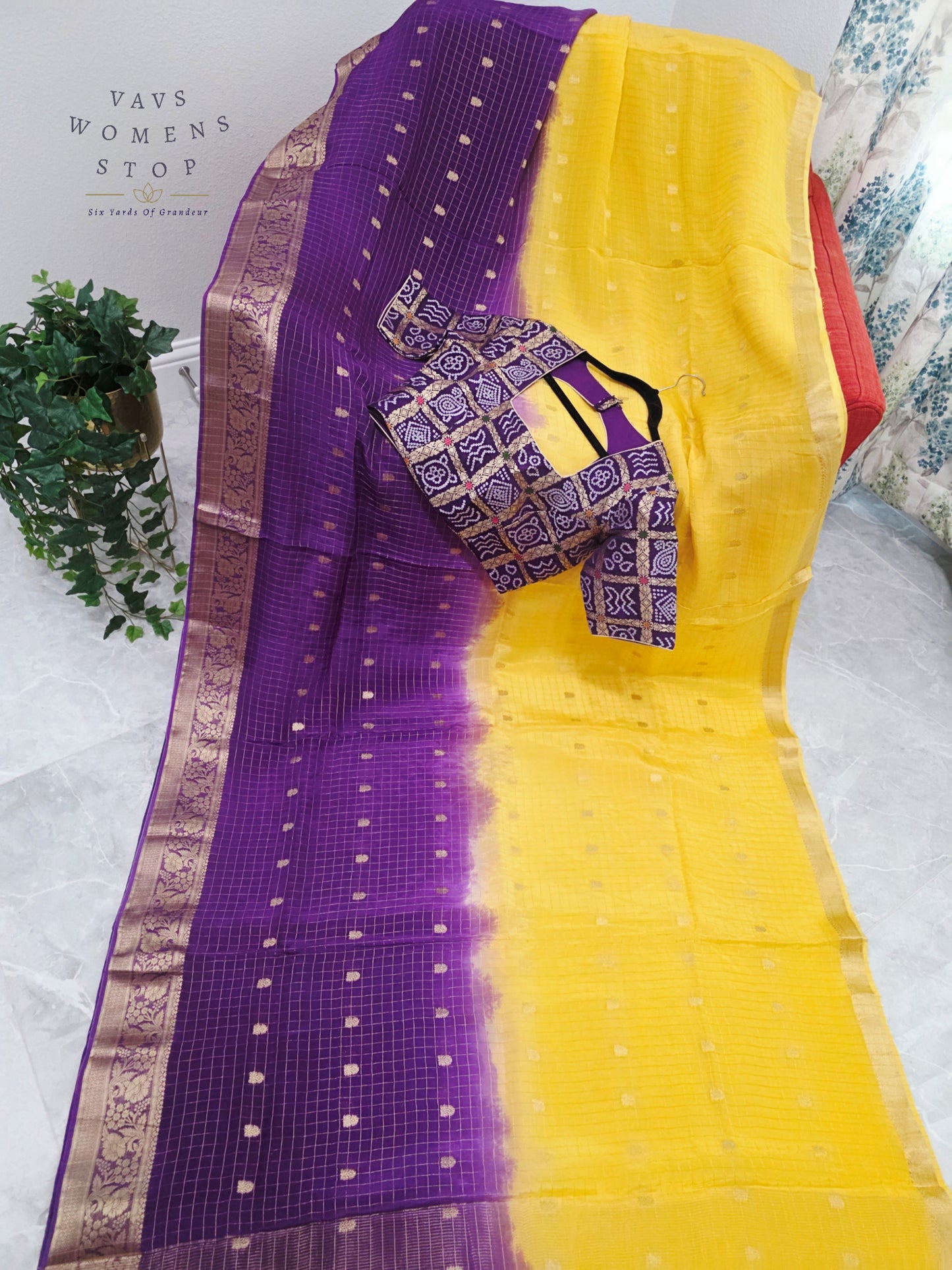 Royal Amethyst & Sunlit Marigold Munga Crepe Dola Silk Checks Saree with Designer Gharchola Checks Stitched Blouse