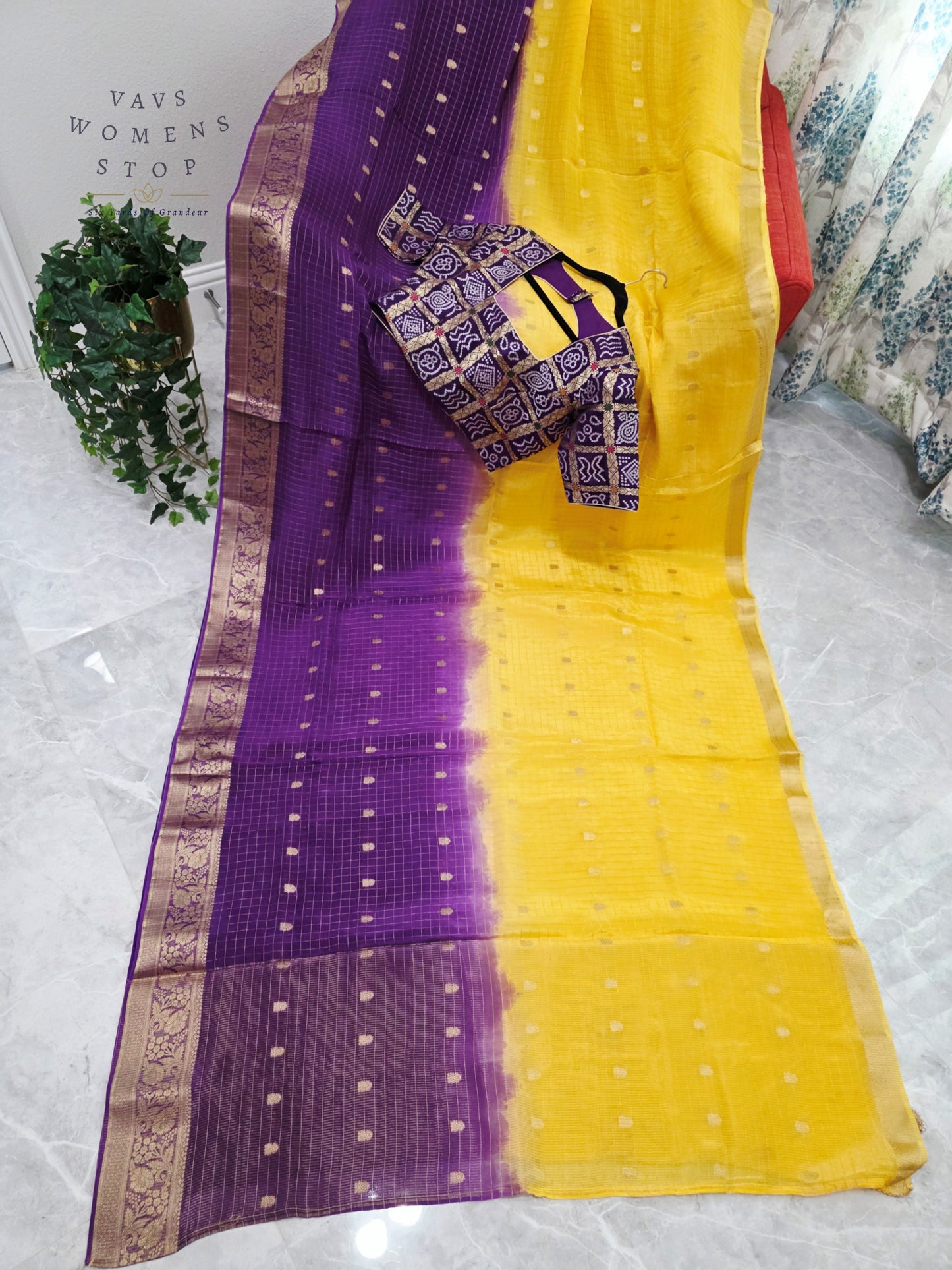 Royal Amethyst & Sunlit Marigold Munga Crepe Dola Silk Checks Saree with Designer Gharchola Checks Stitched Blouse