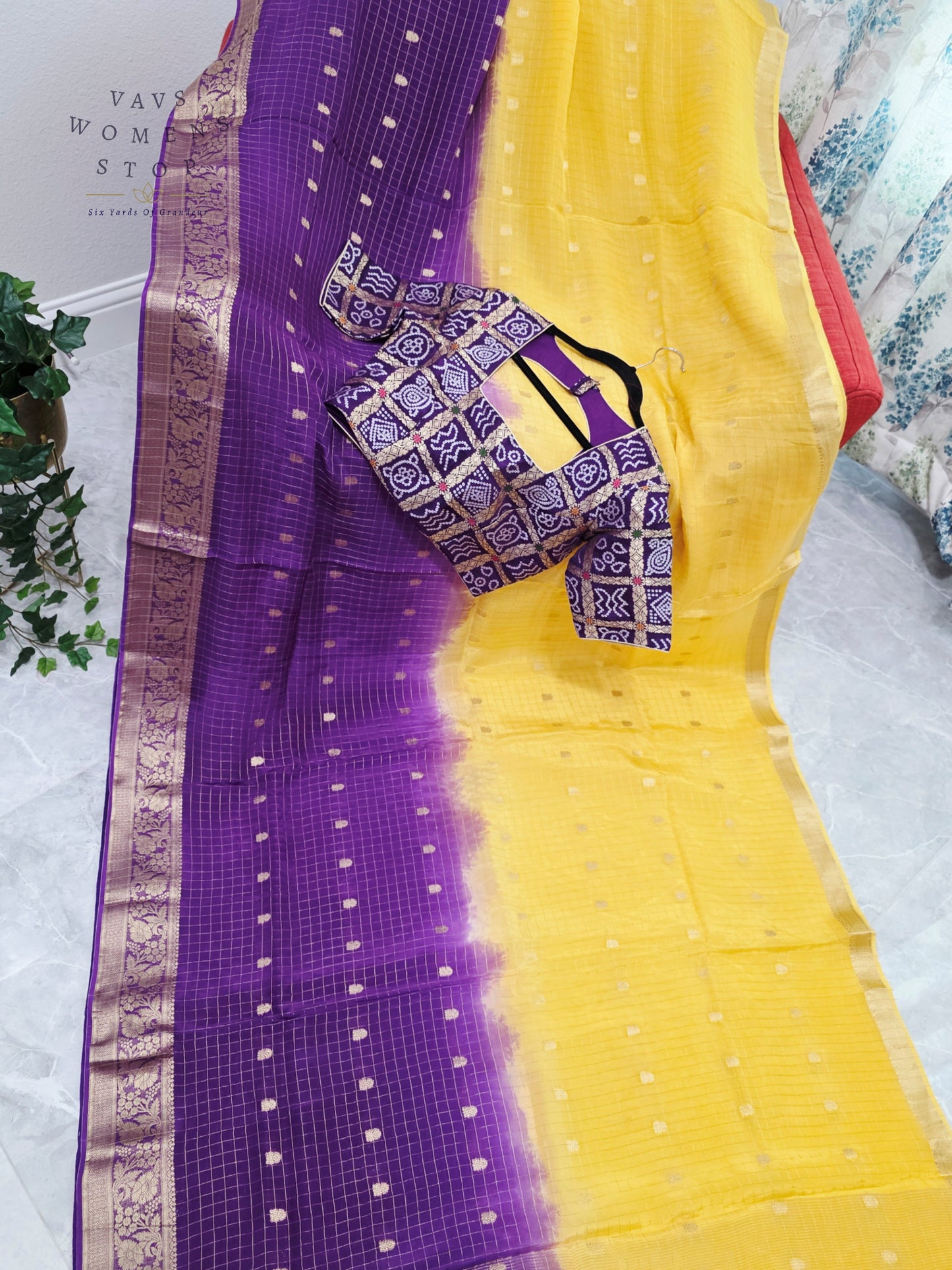 Royal Amethyst & Sunlit Marigold Munga Crepe Dola Silk Checks Saree with Designer Gharchola Checks Stitched Blouse