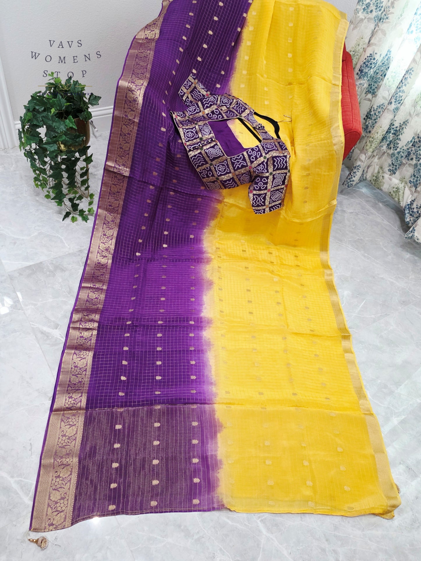 Royal Amethyst & Sunlit Marigold Munga Crepe Dola Silk Checks Saree with Designer Gharchola Checks Stitched Blouse