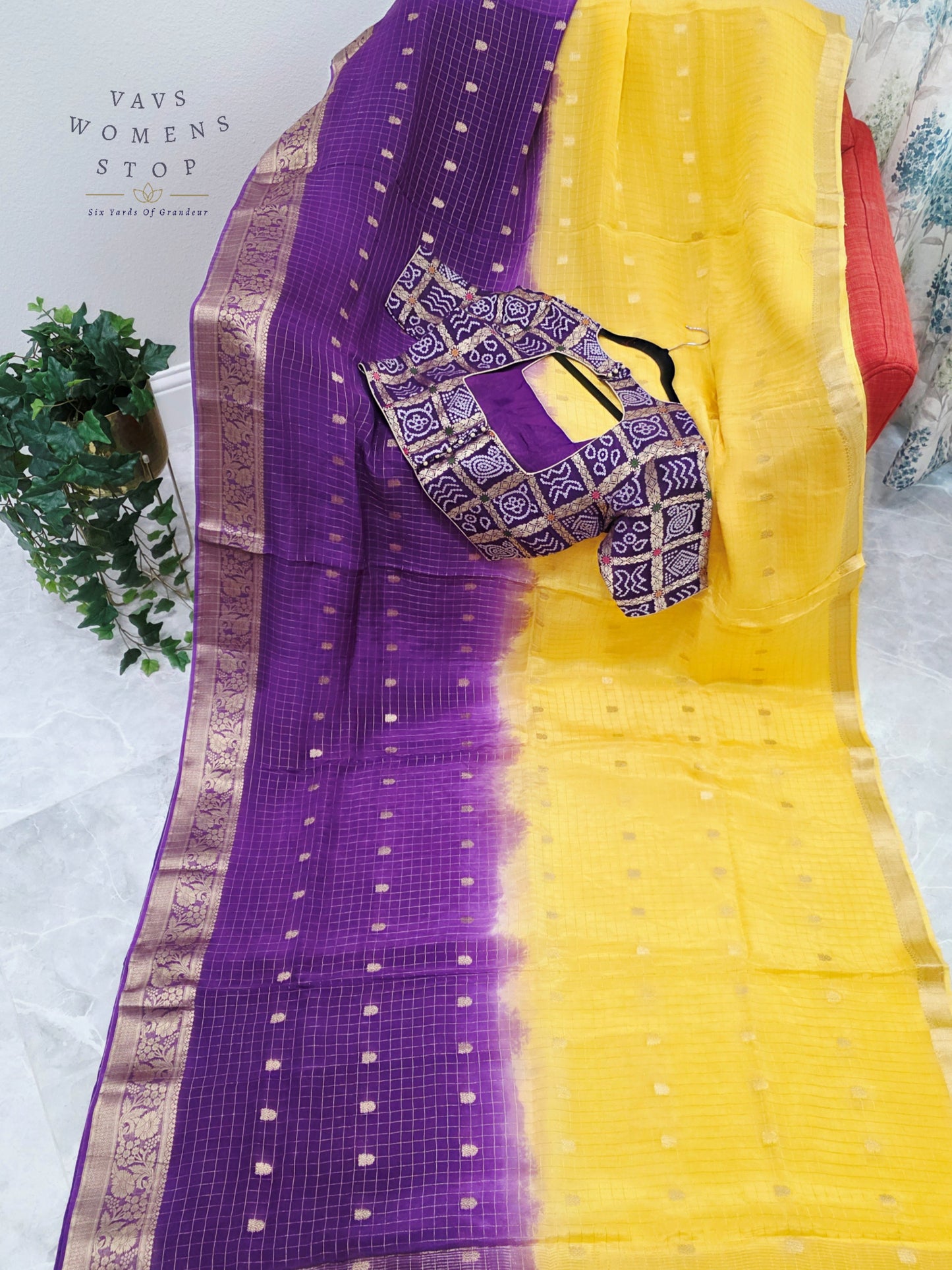 Royal Amethyst & Sunlit Marigold Munga Crepe Dola Silk Checks Saree with Designer Gharchola Checks Stitched Blouse
