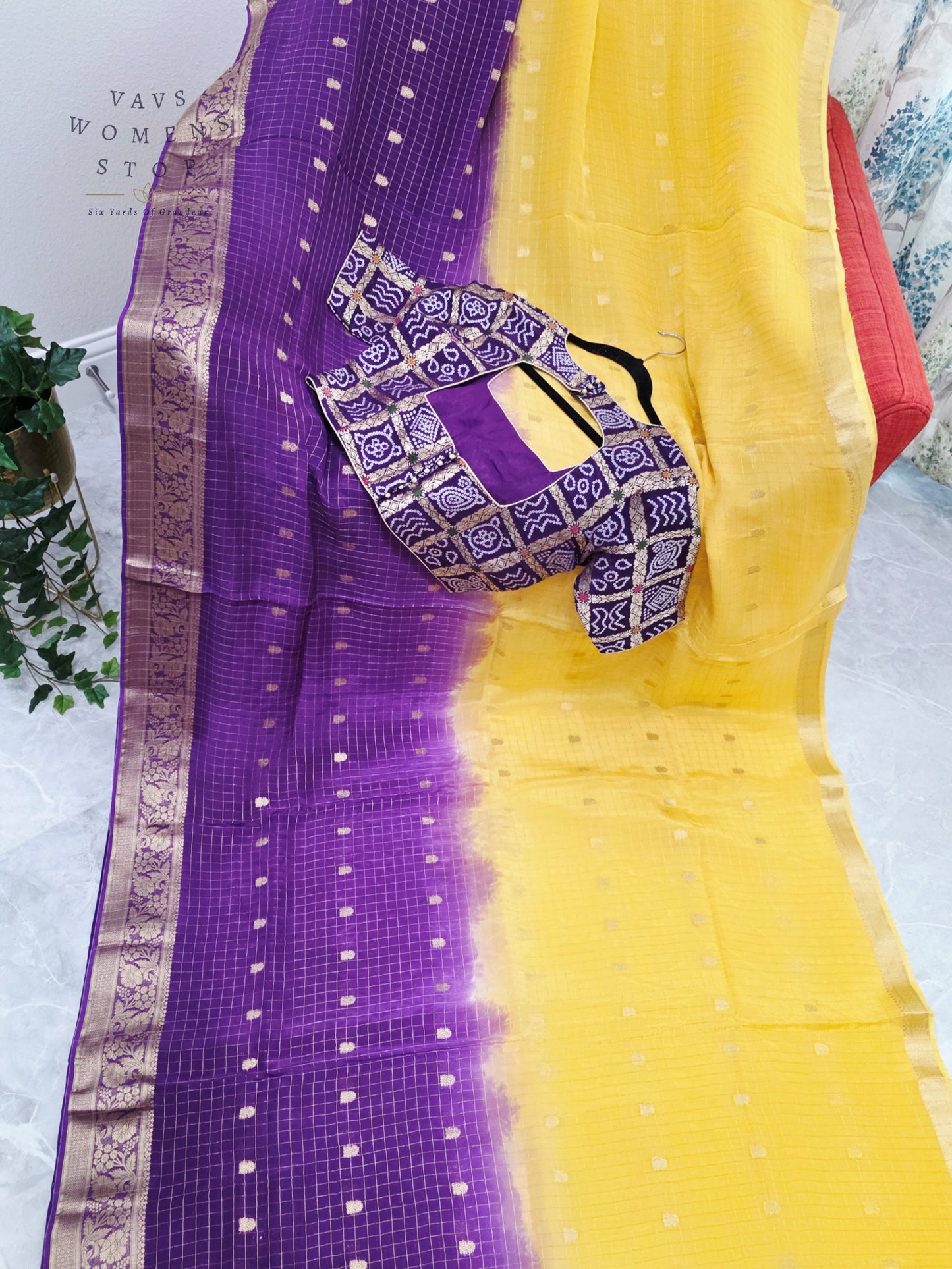 Royal Amethyst & Sunlit Marigold Munga Crepe Dola Silk Checks Saree with Designer Gharchola Checks Stitched Blouse