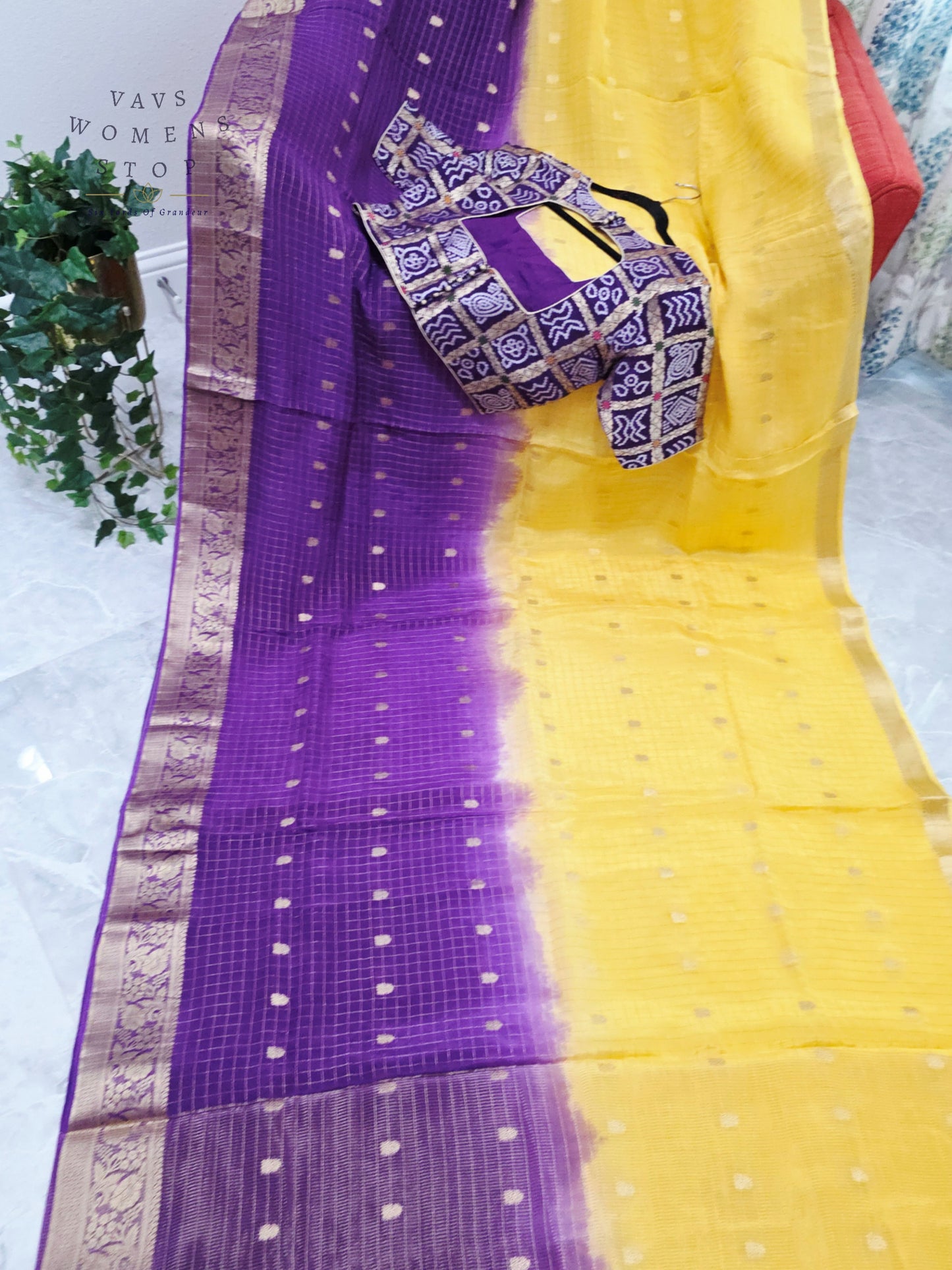 Royal Amethyst & Sunlit Marigold Munga Crepe Dola Silk Checks Saree with Designer Gharchola Checks Stitched Blouse