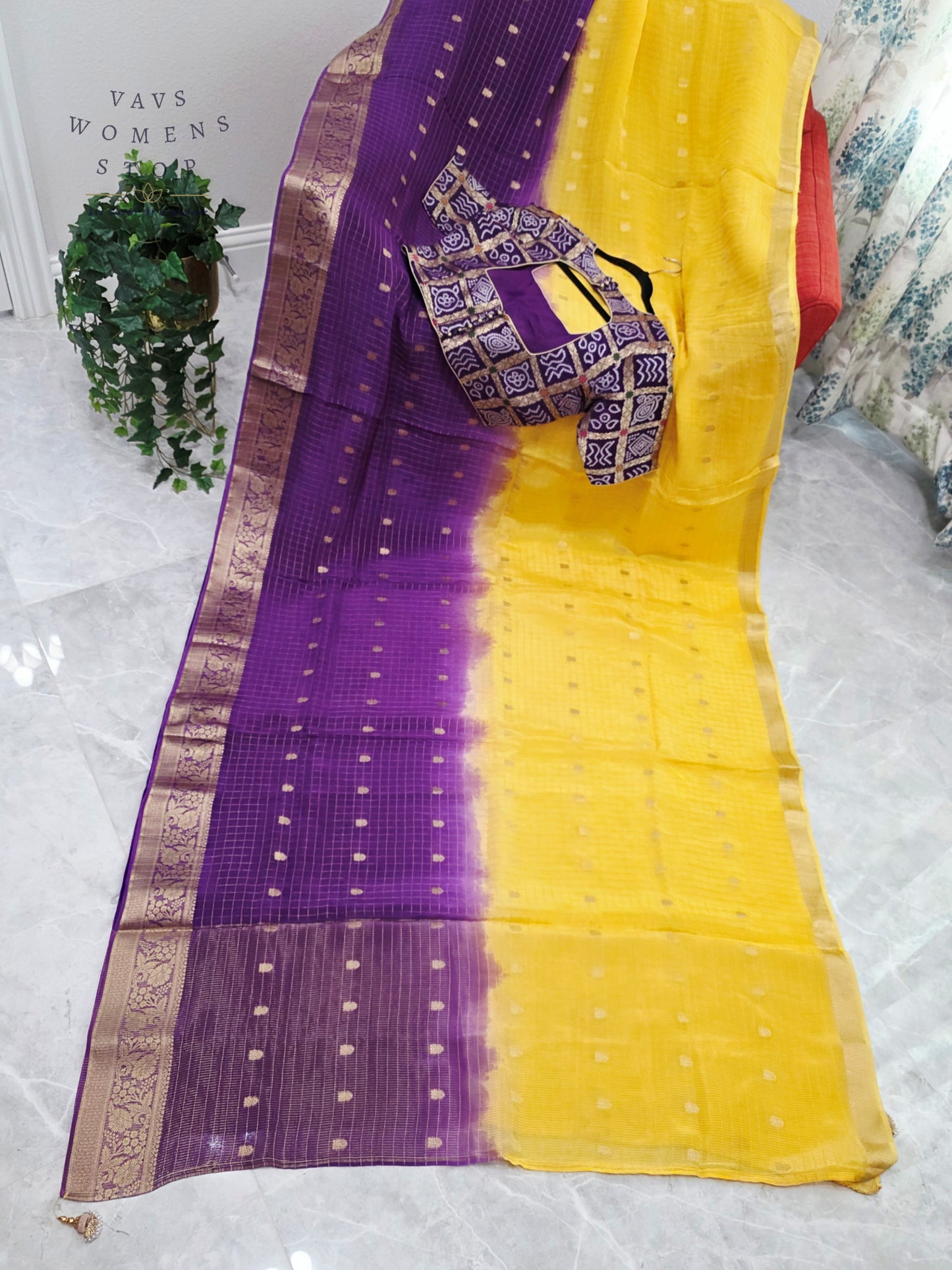 Royal Amethyst & Sunlit Marigold Munga Crepe Dola Silk Checks Saree with Designer Gharchola Checks Stitched Blouse