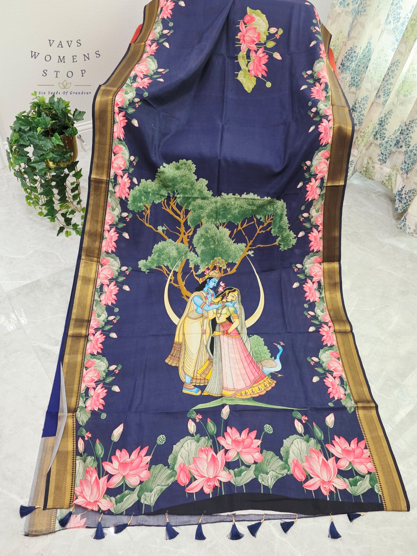 Royal Midnight Navy Semi Dola Silk Saree with Radha Krishna Pallu & Lotus Border | Stitched Blouse