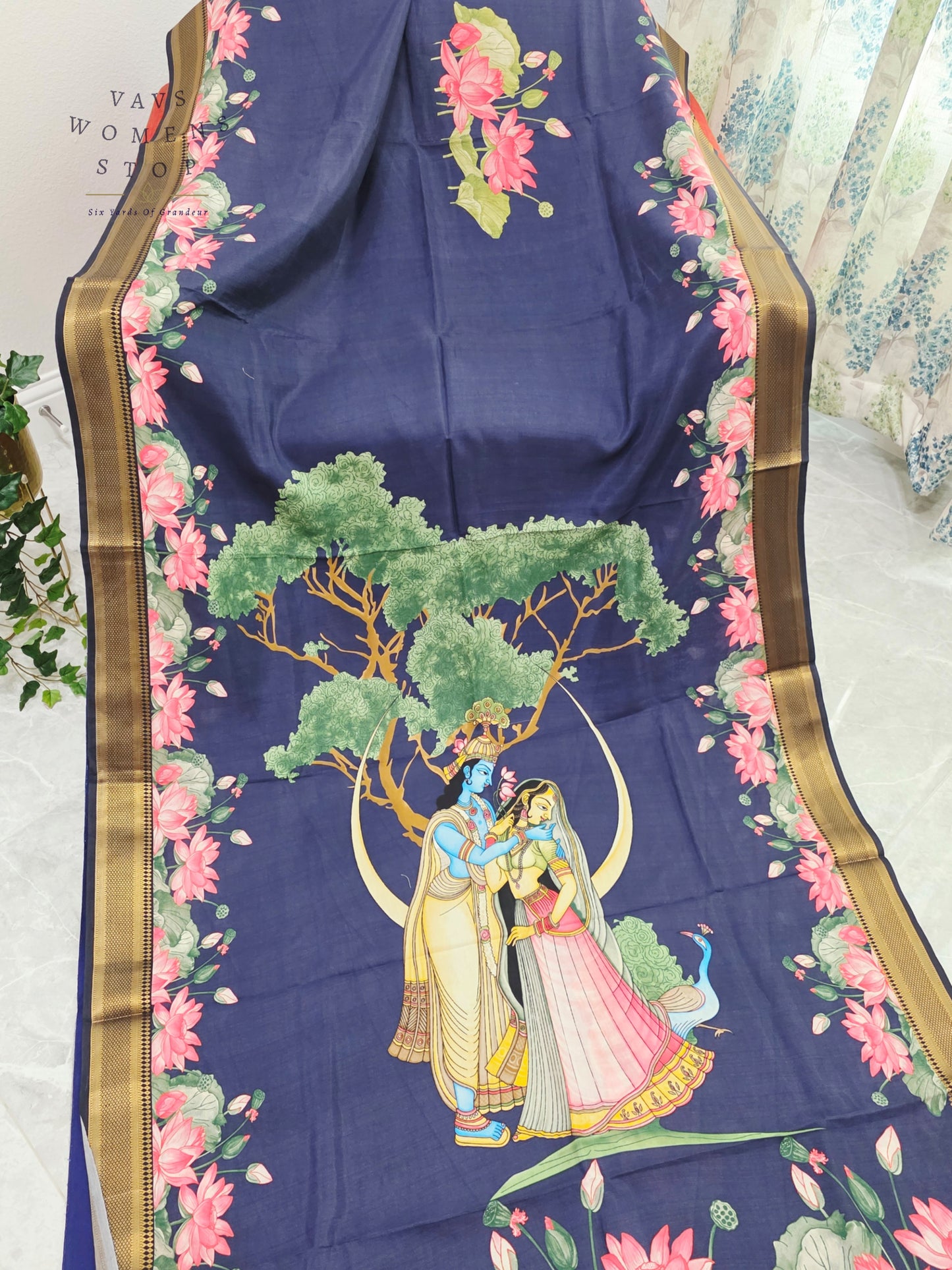 Royal Midnight Navy Semi Dola Silk Saree with Radha Krishna Pallu & Lotus Border | Stitched Blouse