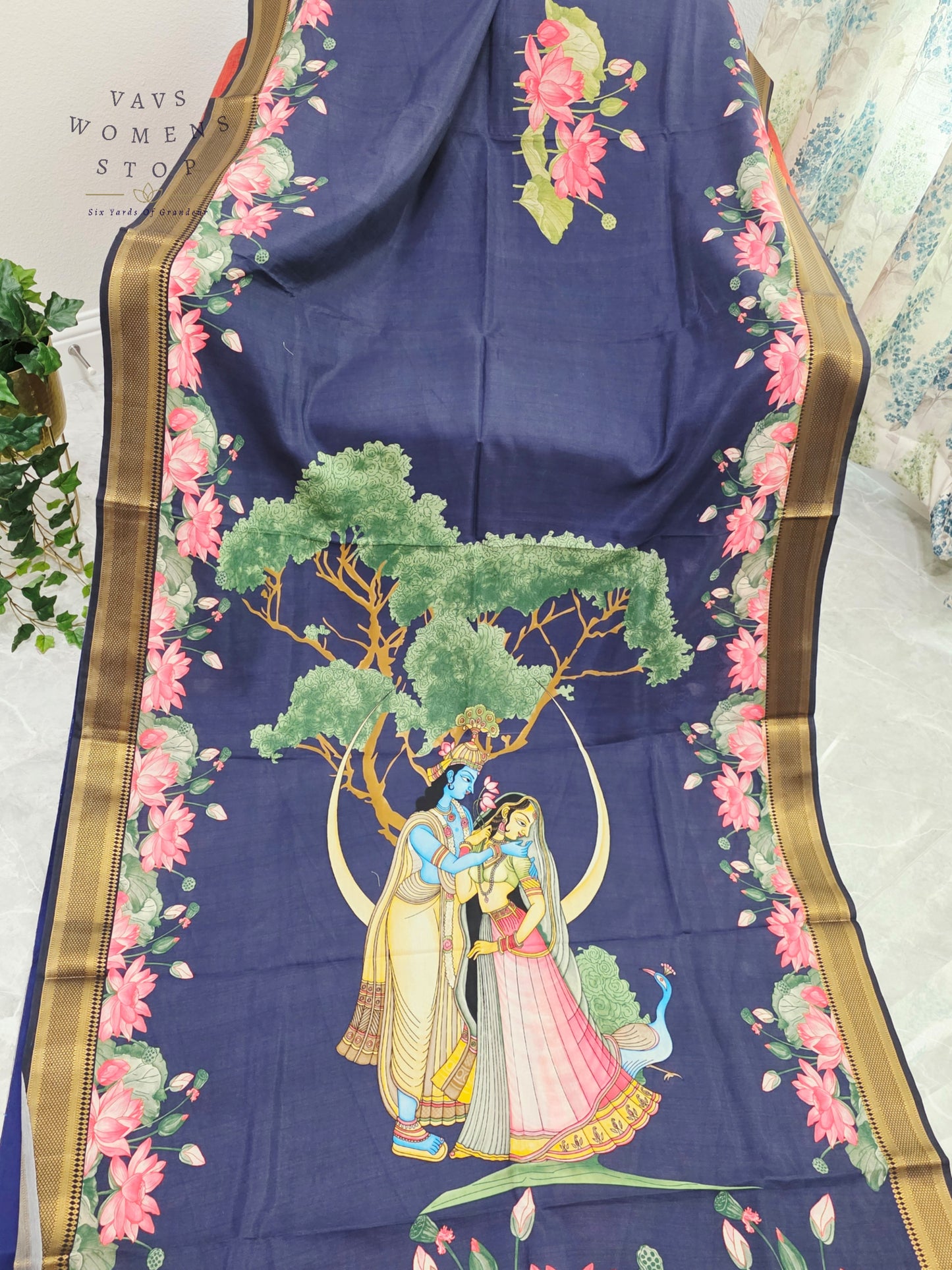 Royal Midnight Navy Semi Dola Silk Saree with Radha Krishna Pallu & Lotus Border | Stitched Blouse