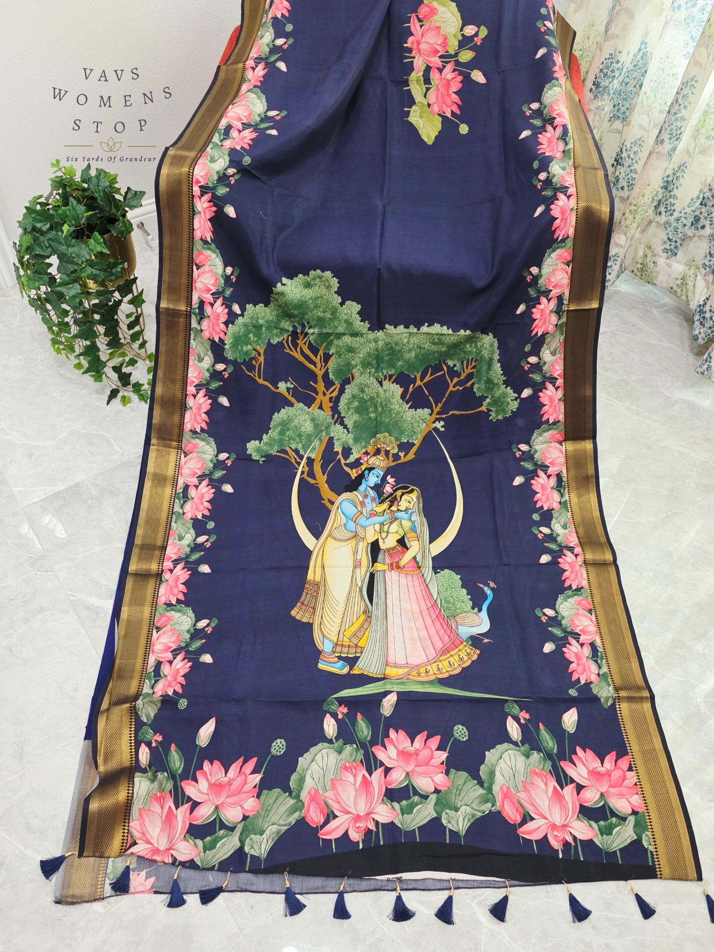 Royal Midnight Navy Semi Dola Silk Saree with Radha Krishna Pallu & Lotus Border | Stitched Blouse
