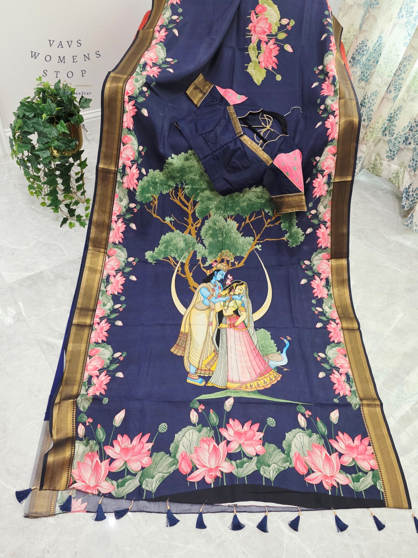 Royal Midnight Navy Semi Dola Silk Saree with Radha Krishna Pallu & Lotus Border | Stitched Blouse