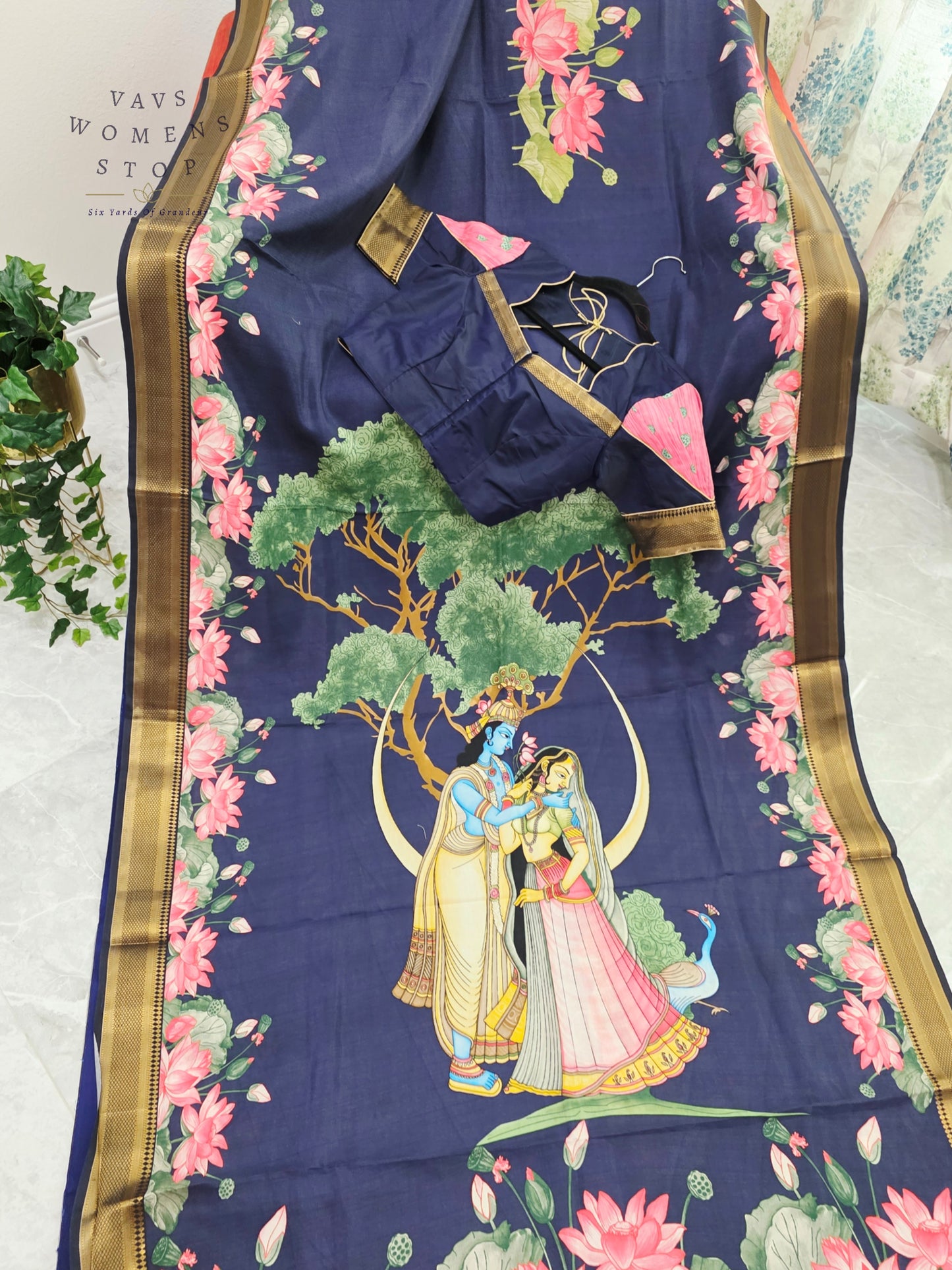 Royal Midnight Navy Semi Dola Silk Saree with Radha Krishna Pallu & Lotus Border | Stitched Blouse