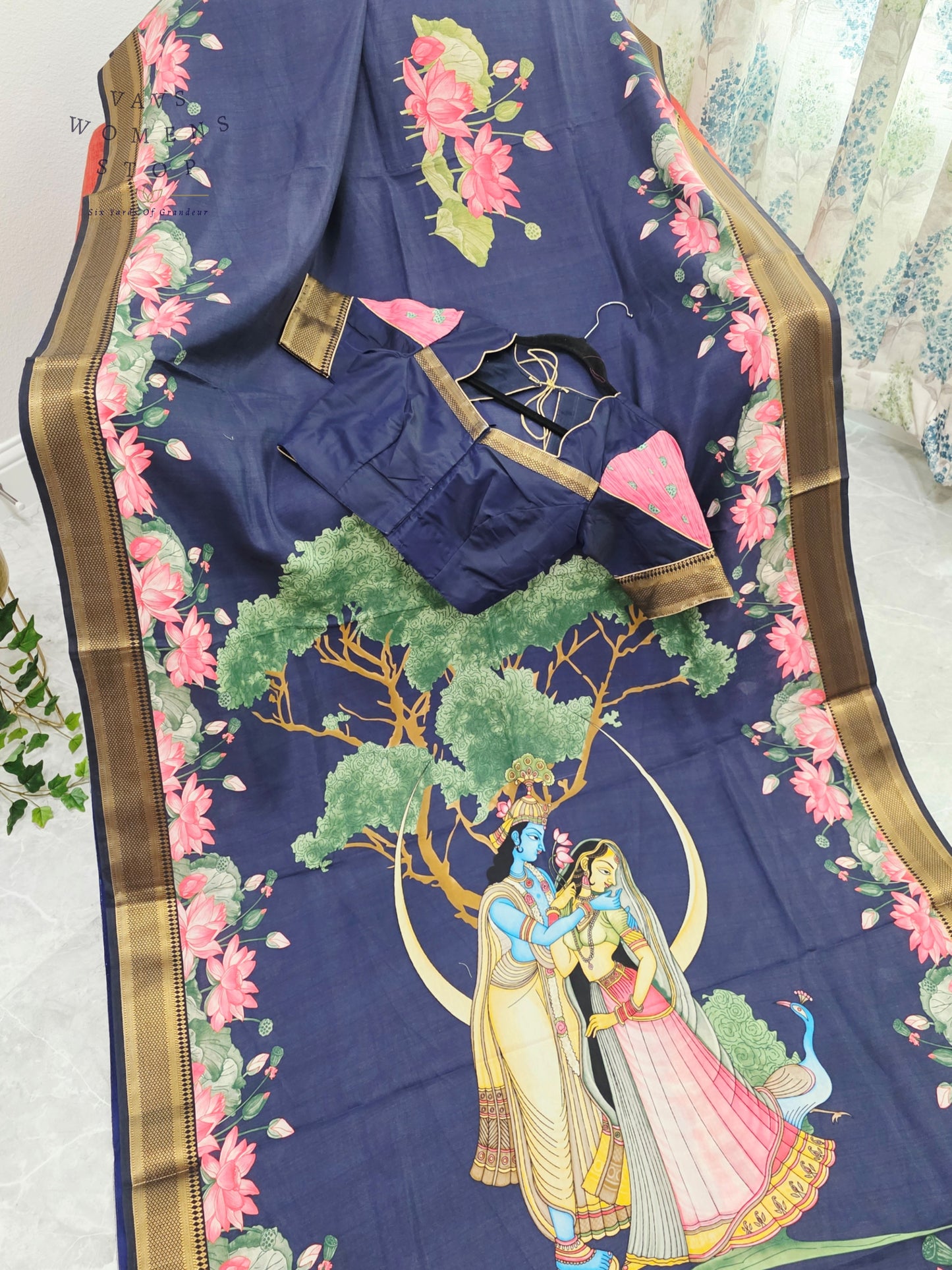 Royal Midnight Navy Semi Dola Silk Saree with Radha Krishna Pallu & Lotus Border | Stitched Blouse