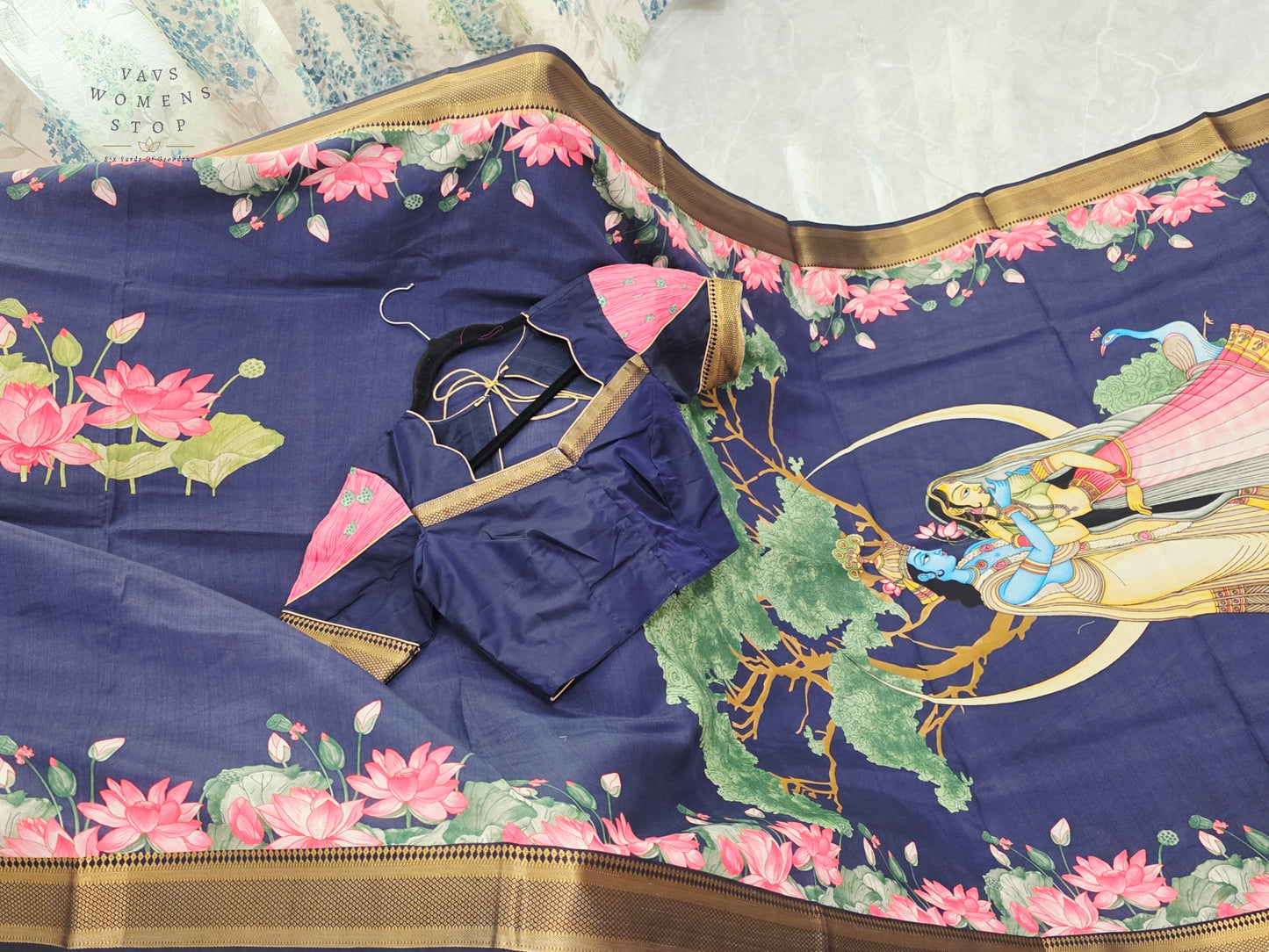 Royal Midnight Navy Semi Dola Silk Saree with Radha Krishna Pallu & Lotus Border | Stitched Blouse