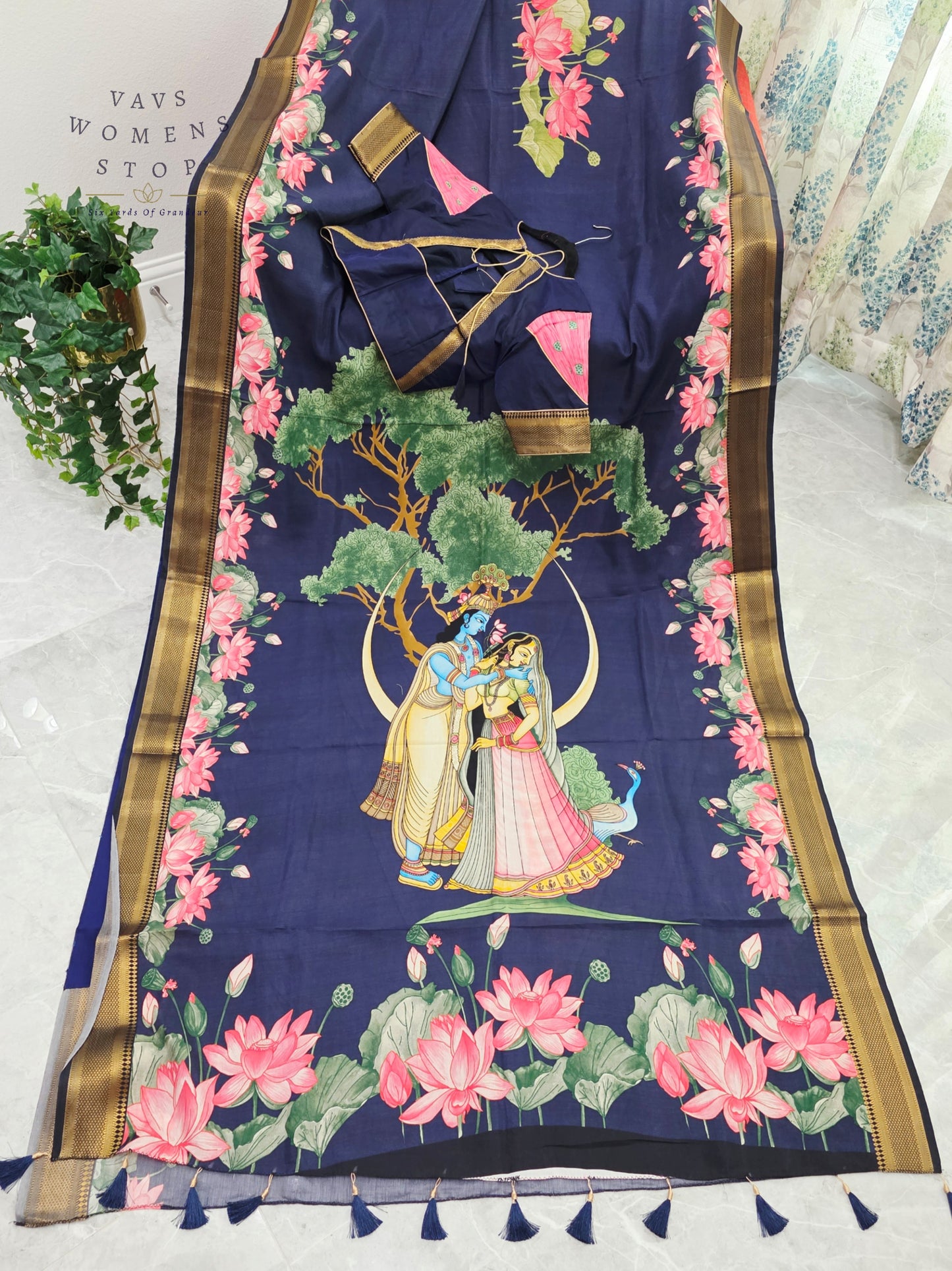 Royal Midnight Navy Semi Dola Silk Saree with Radha Krishna Pallu & Lotus Border | Stitched Blouse