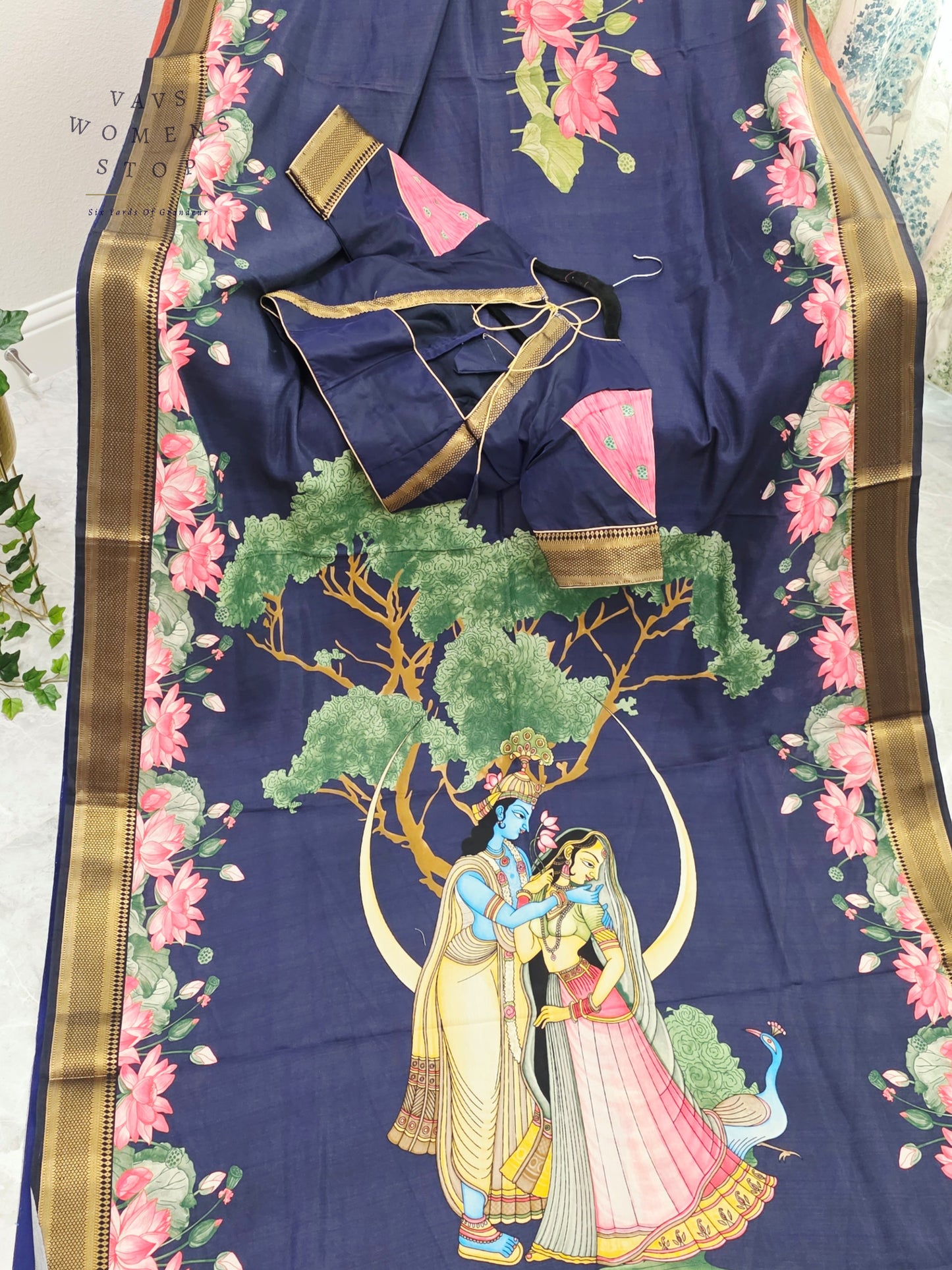 Royal Midnight Navy Semi Dola Silk Saree with Radha Krishna Pallu & Lotus Border | Stitched Blouse