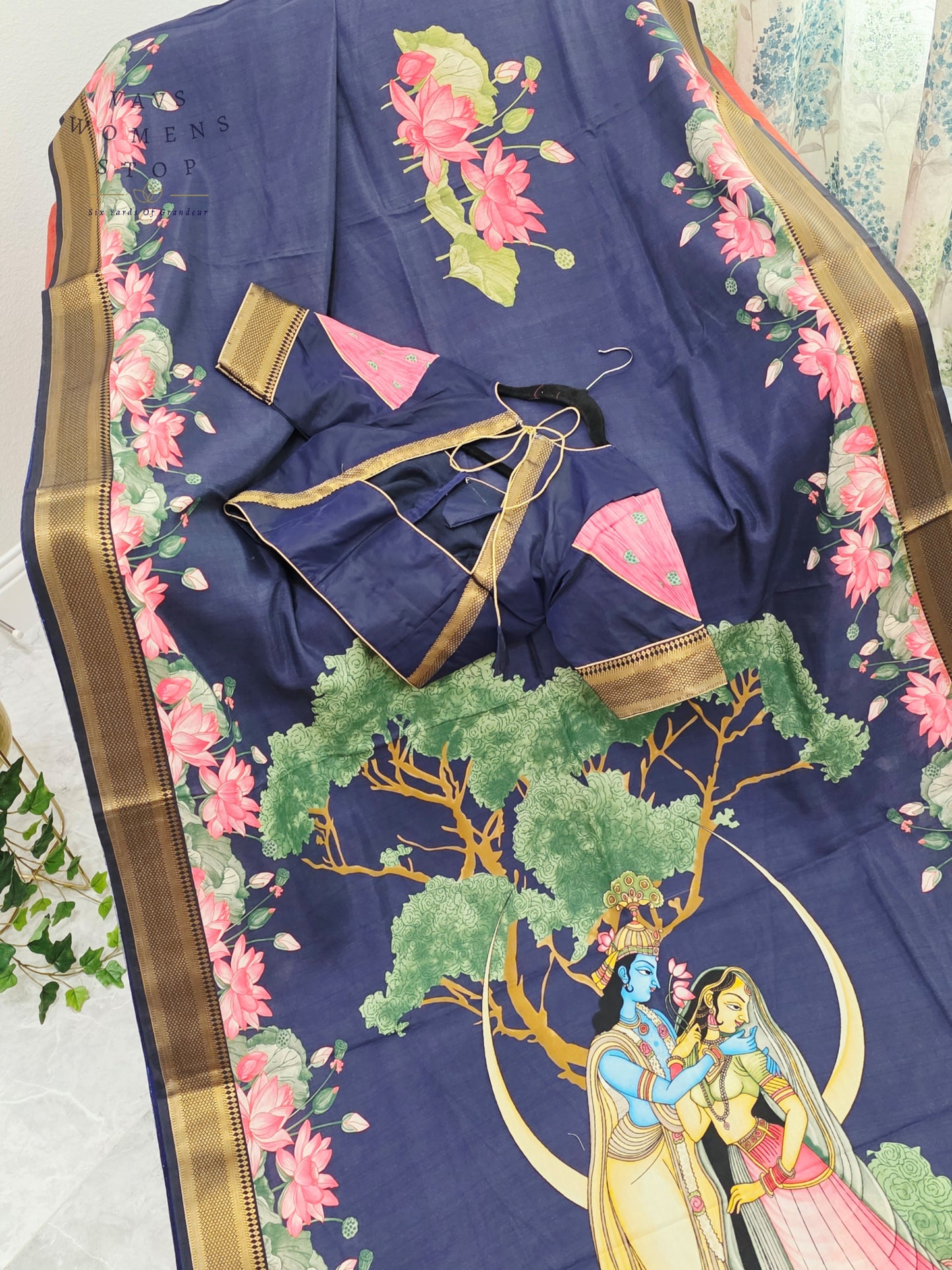 Royal Midnight Navy Semi Dola Silk Saree with Radha Krishna Pallu & Lotus Border | Stitched Blouse
