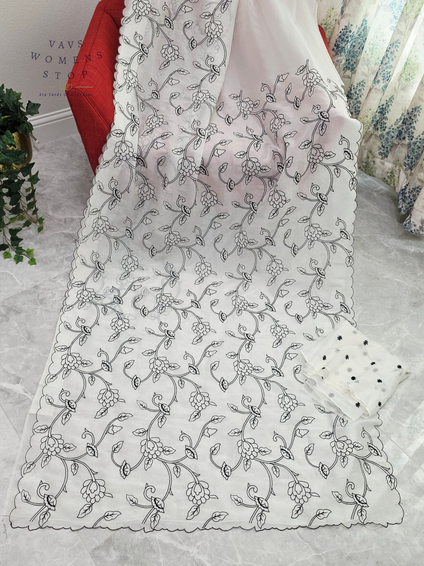 Ivory Pearl Soft Crush Space Silk All-Over Floral Embroidery Saree with Unstitched Blouse Piece