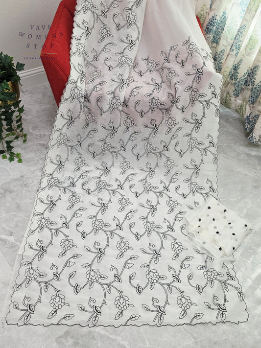 Ivory Pearl Soft Crush Space Silk All-Over Floral Embroidery Saree with Unstitched Blouse Piece