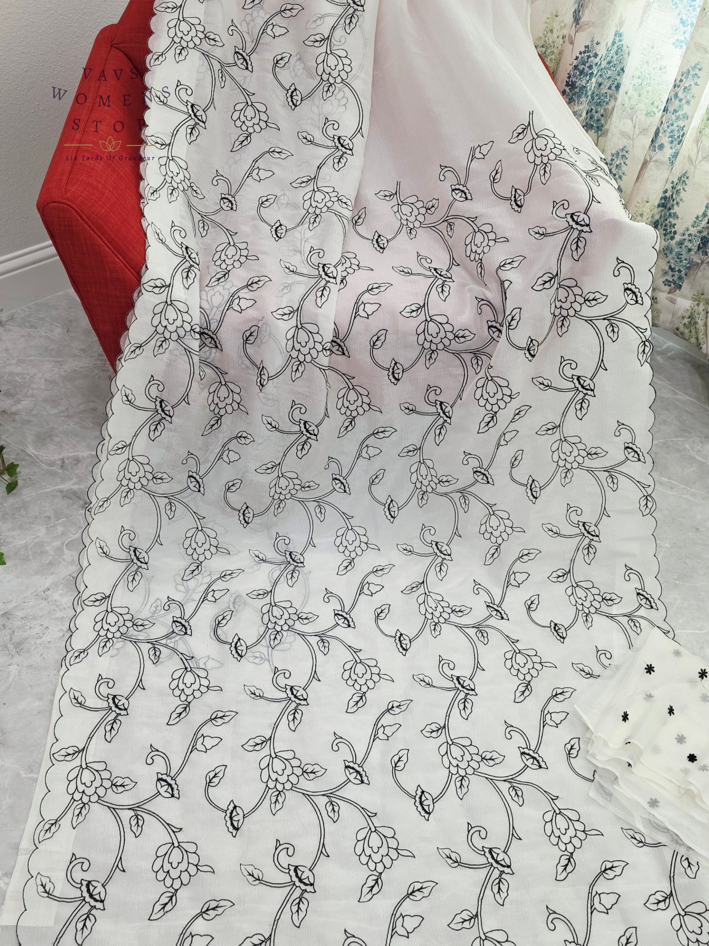 Ivory Pearl Soft Crush Space Silk All-Over Floral Embroidery Saree with Unstitched Blouse Piece