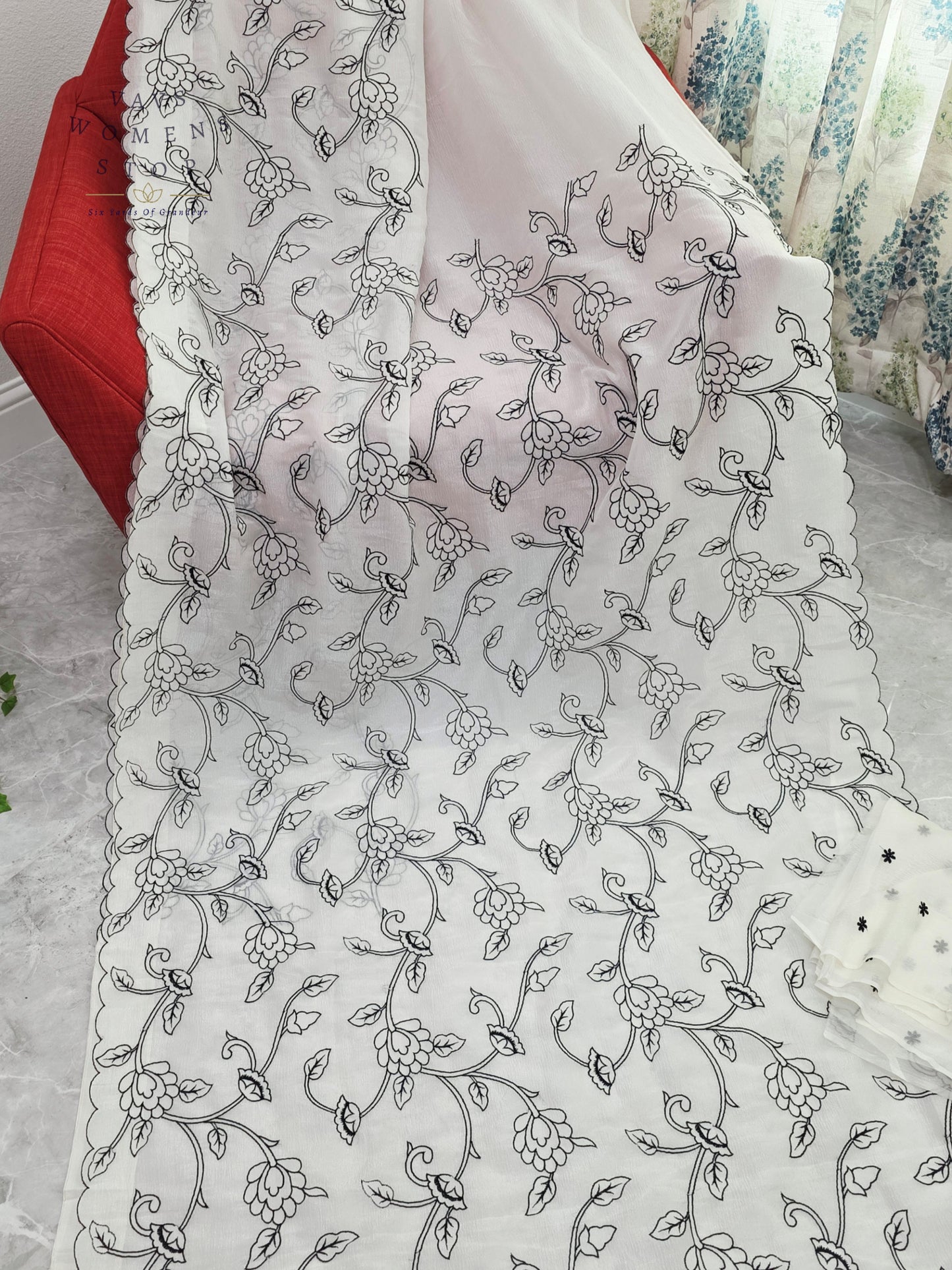 Ivory Pearl Soft Crush Space Silk All-Over Floral Embroidery Saree with Unstitched Blouse Piece