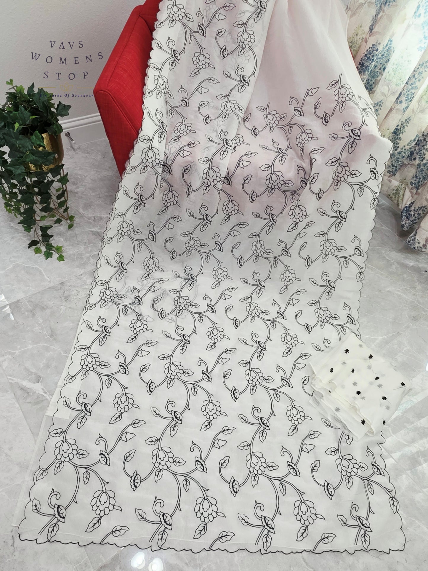 Ivory Pearl Soft Crush Space Silk All-Over Floral Embroidery Saree with Unstitched Blouse Piece