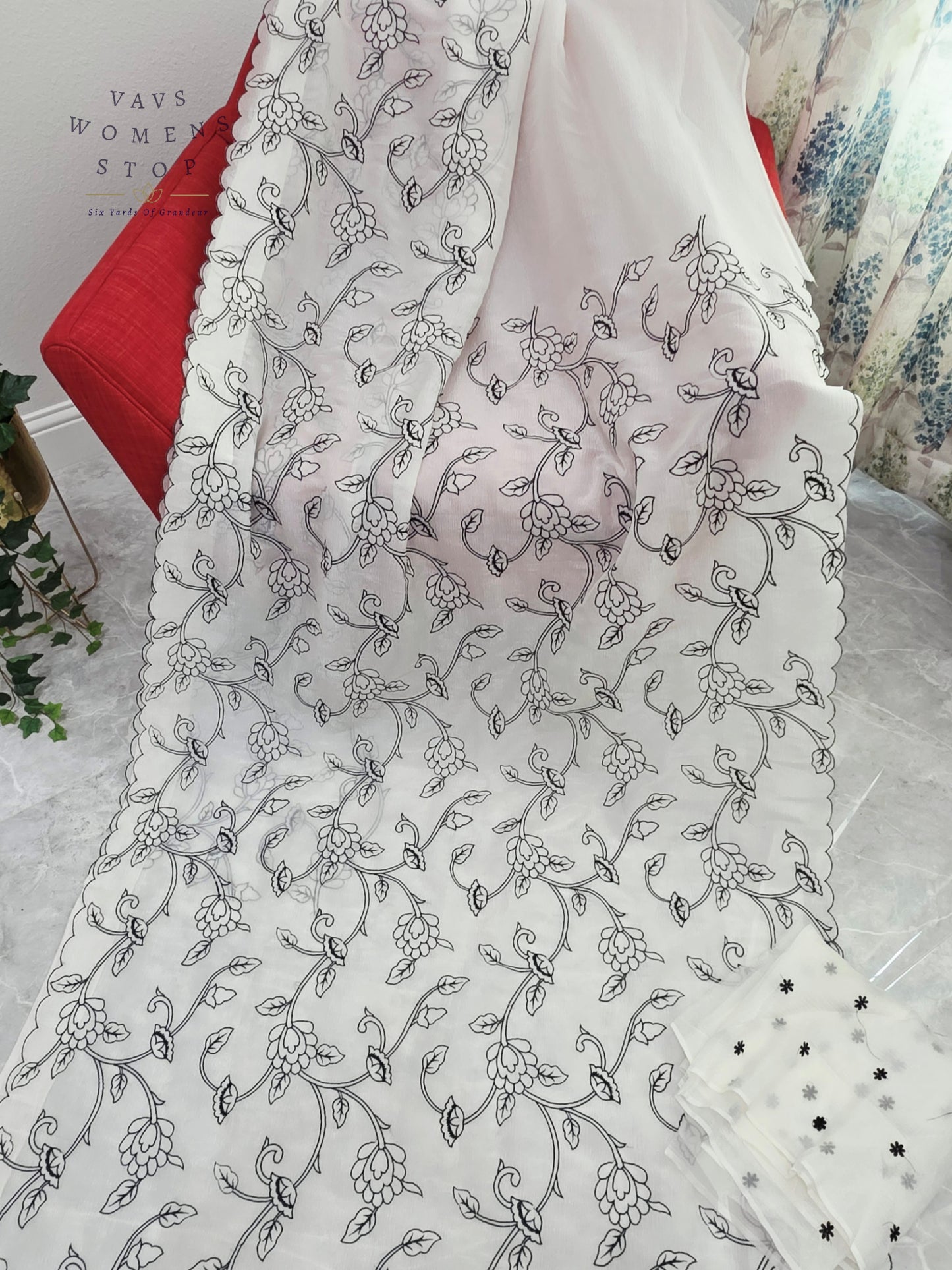 Ivory Pearl Soft Crush Space Silk All-Over Floral Embroidery Saree with Unstitched Blouse Piece