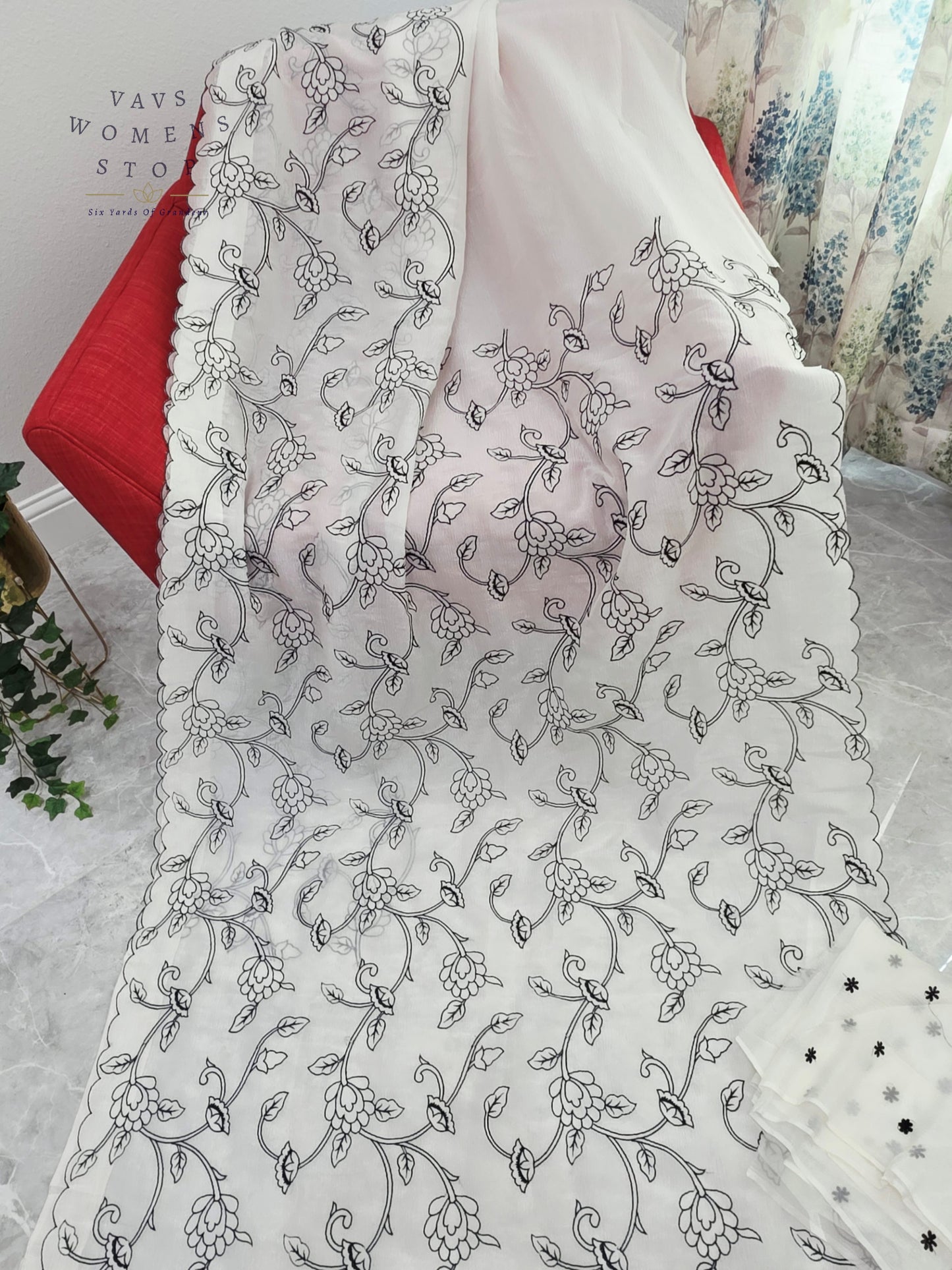 Ivory Pearl Soft Crush Space Silk All-Over Floral Embroidery Saree with Unstitched Blouse Piece