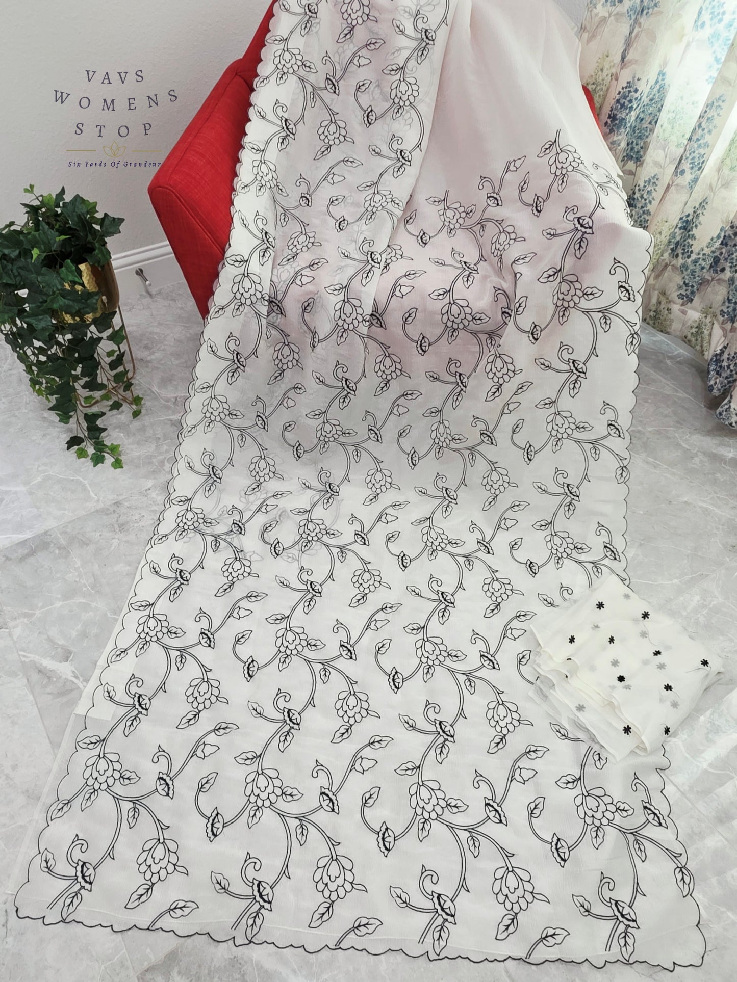 Ivory Pearl Soft Crush Space Silk All-Over Floral Embroidery Saree with Unstitched Blouse Piece