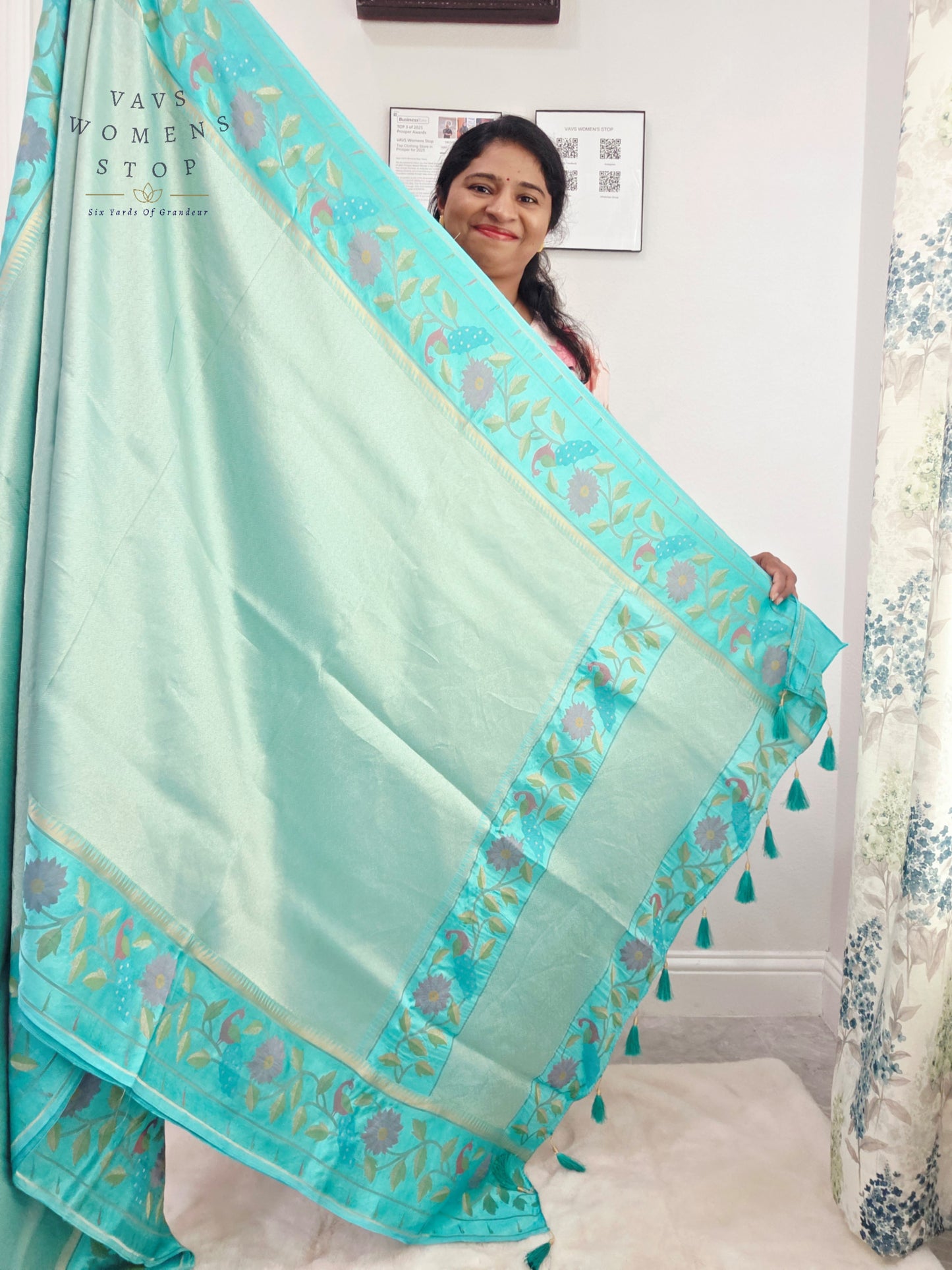 Aqua Mist Tissue Brocade Soft Silk Pochampally Style Designer Border Saree with Stitched Blouse